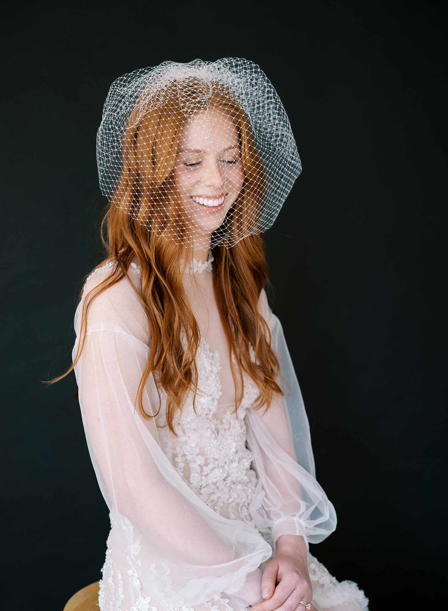wide plain birdcage white bridal veil, twigs and honey