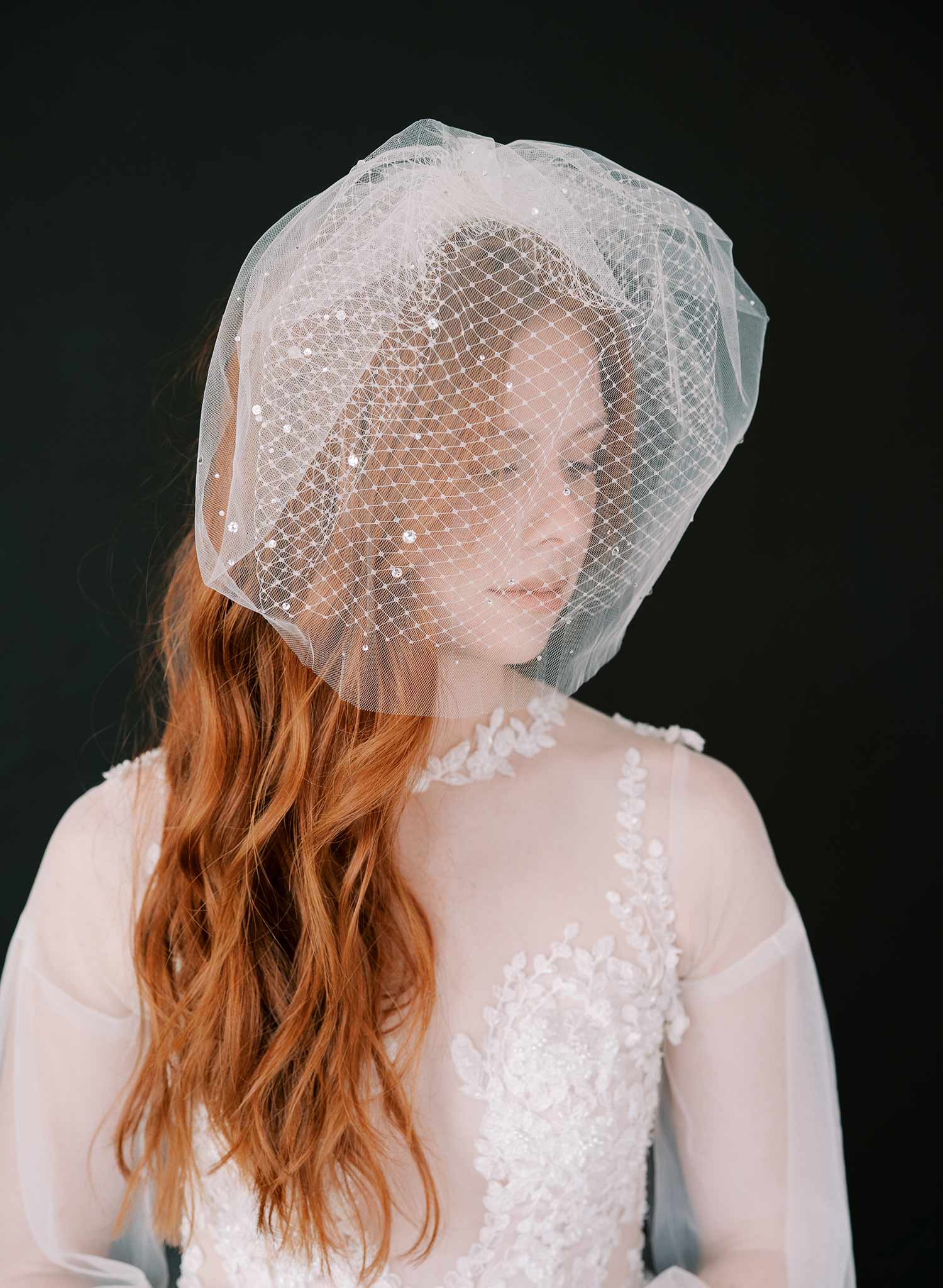pearl or crystal short birdcage tule bridal veil, twigs & honey