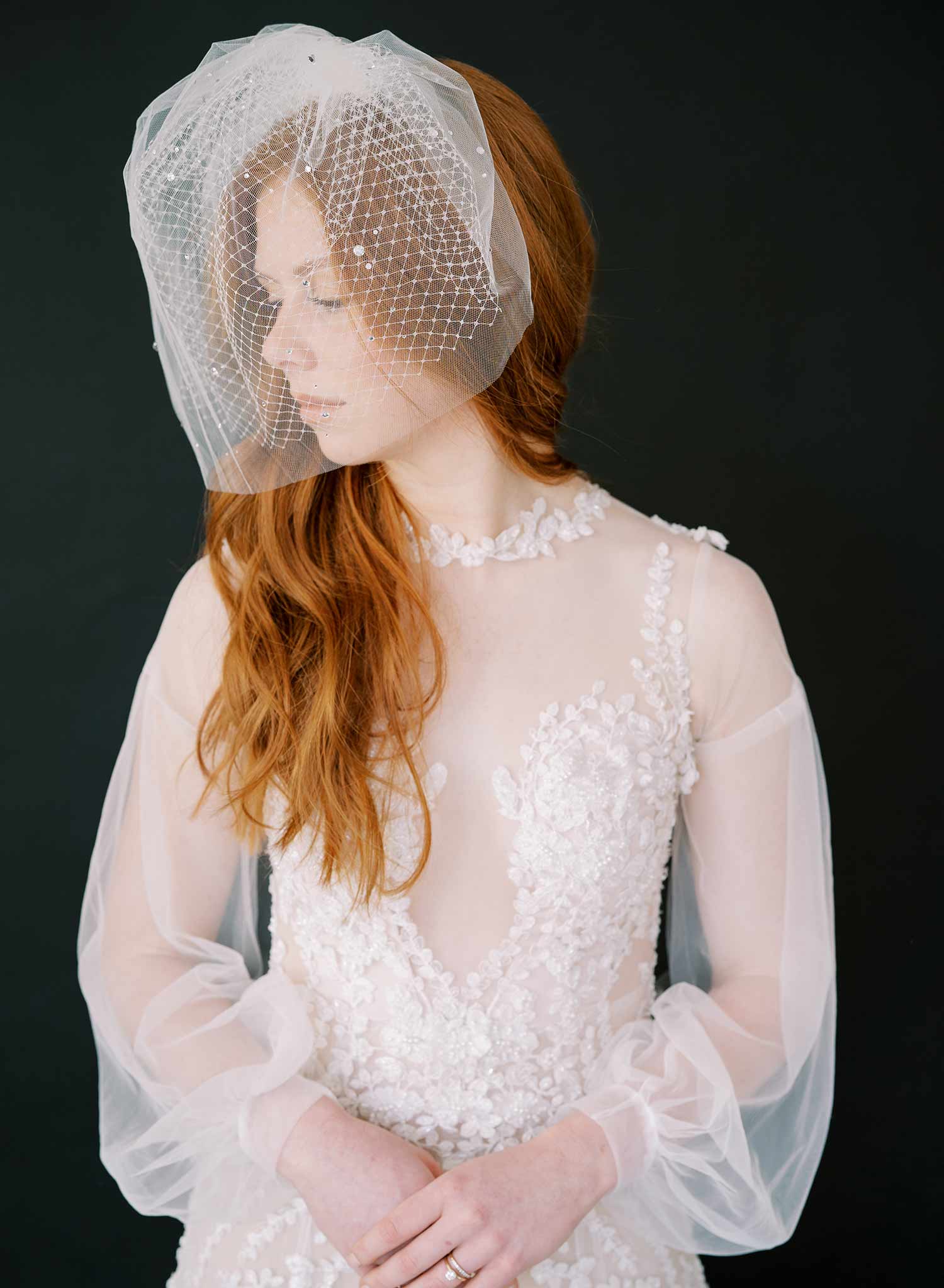 pearl or crystal short birdcage tule bridal veil, twigs & honey