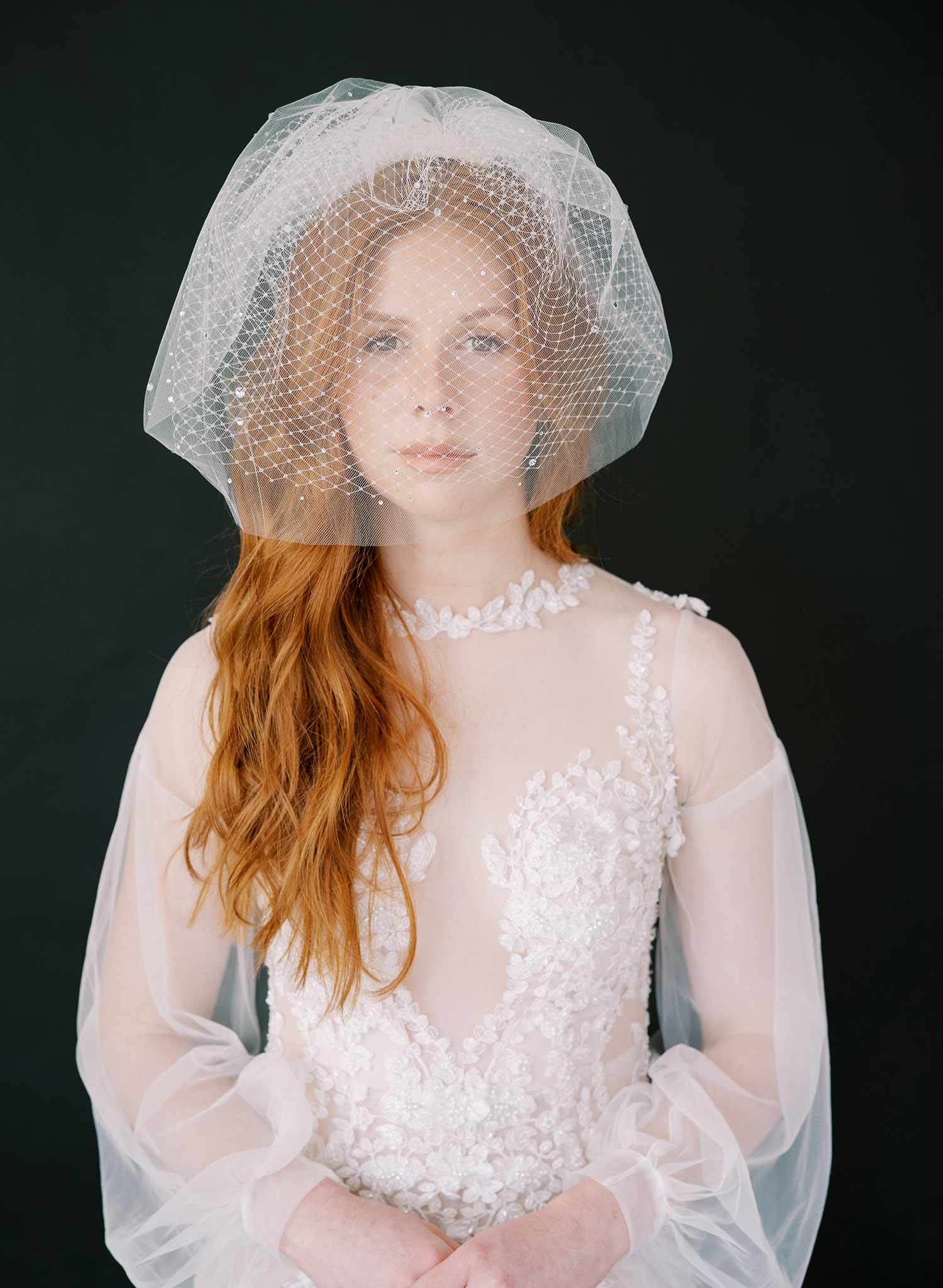 pearl or crystal short birdcage tule bridal veil, twigs & honey