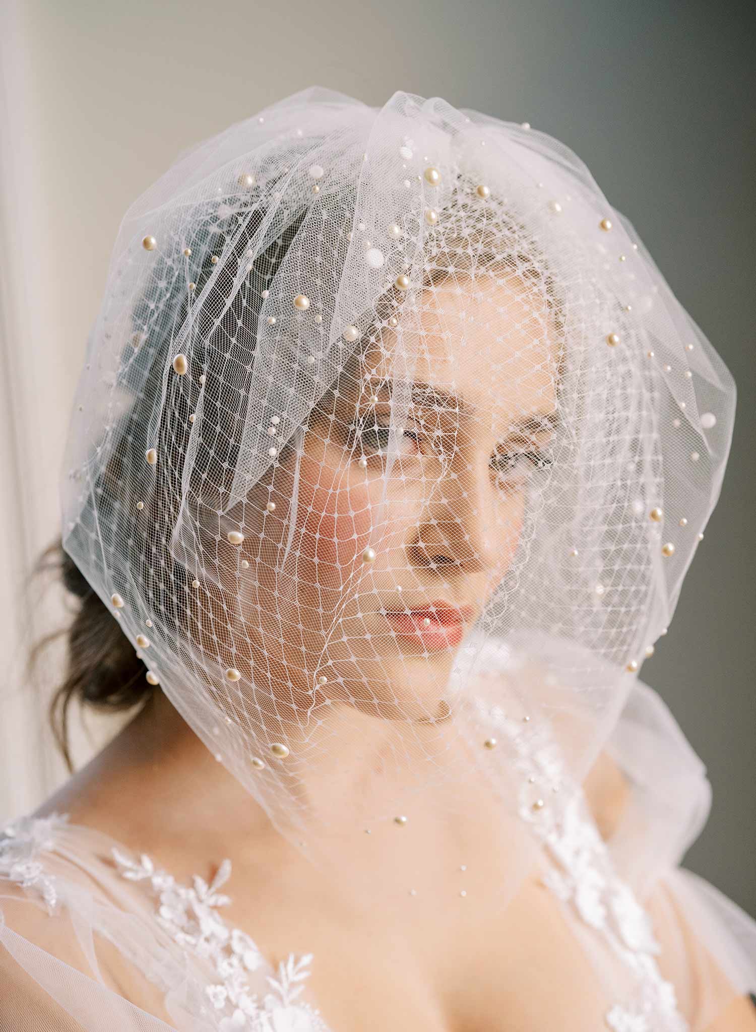 pearl or crystal short birdcage tule bridal veil, twigs & honey