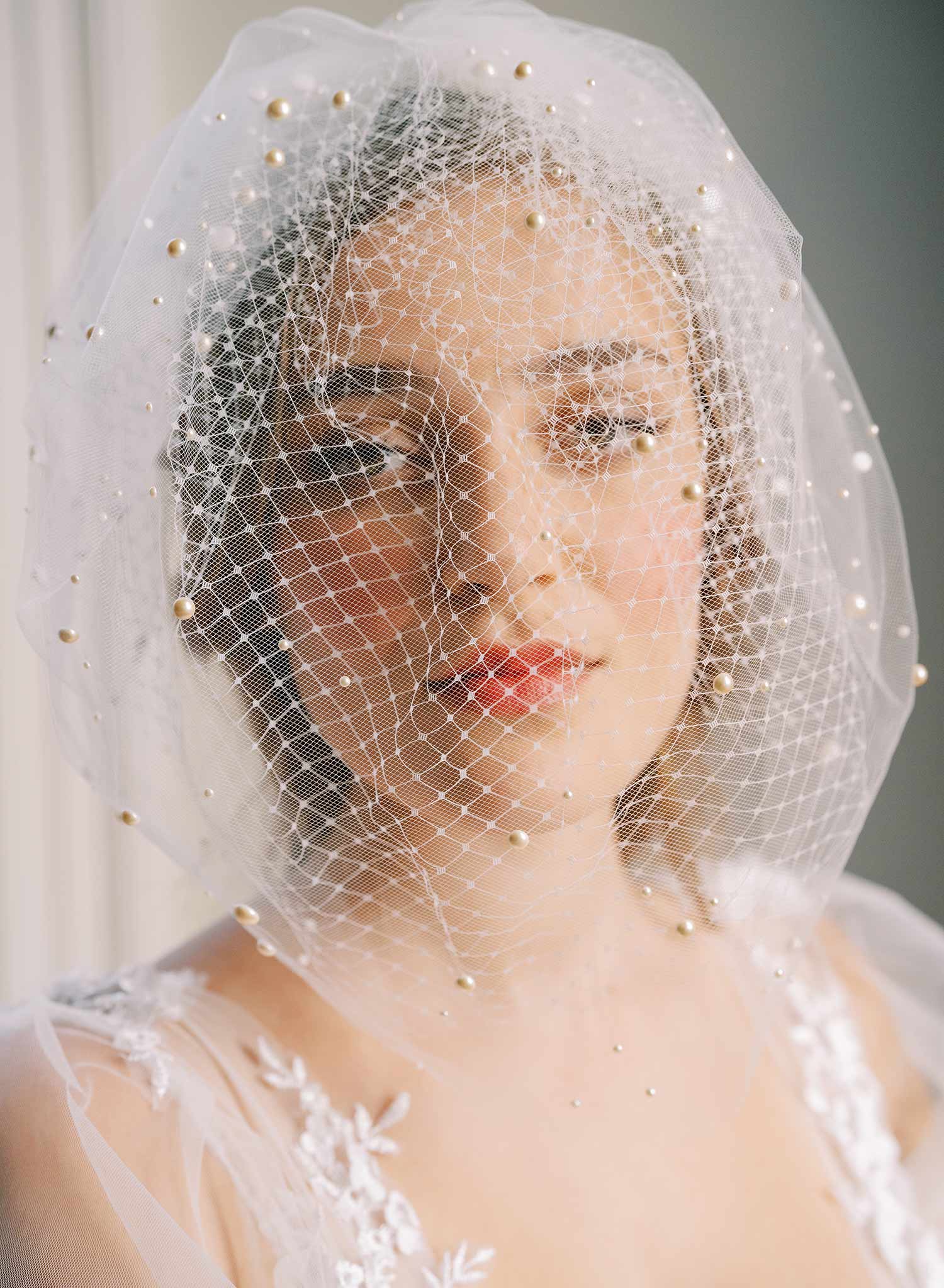 pearl or crystal short birdcage tule bridal veil, twigs & honey