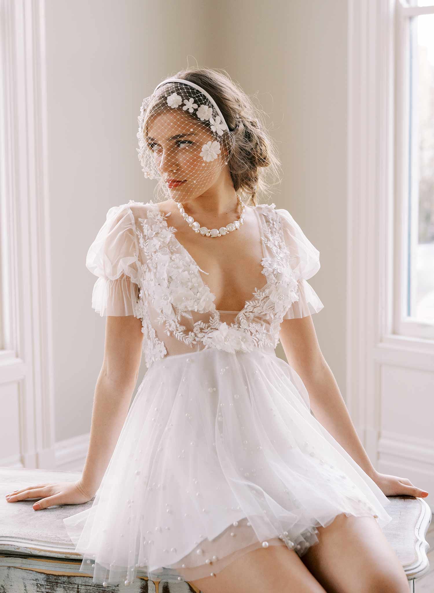 floral embroidered crystal pearl headband birdcage wedding veil, twigs and honey