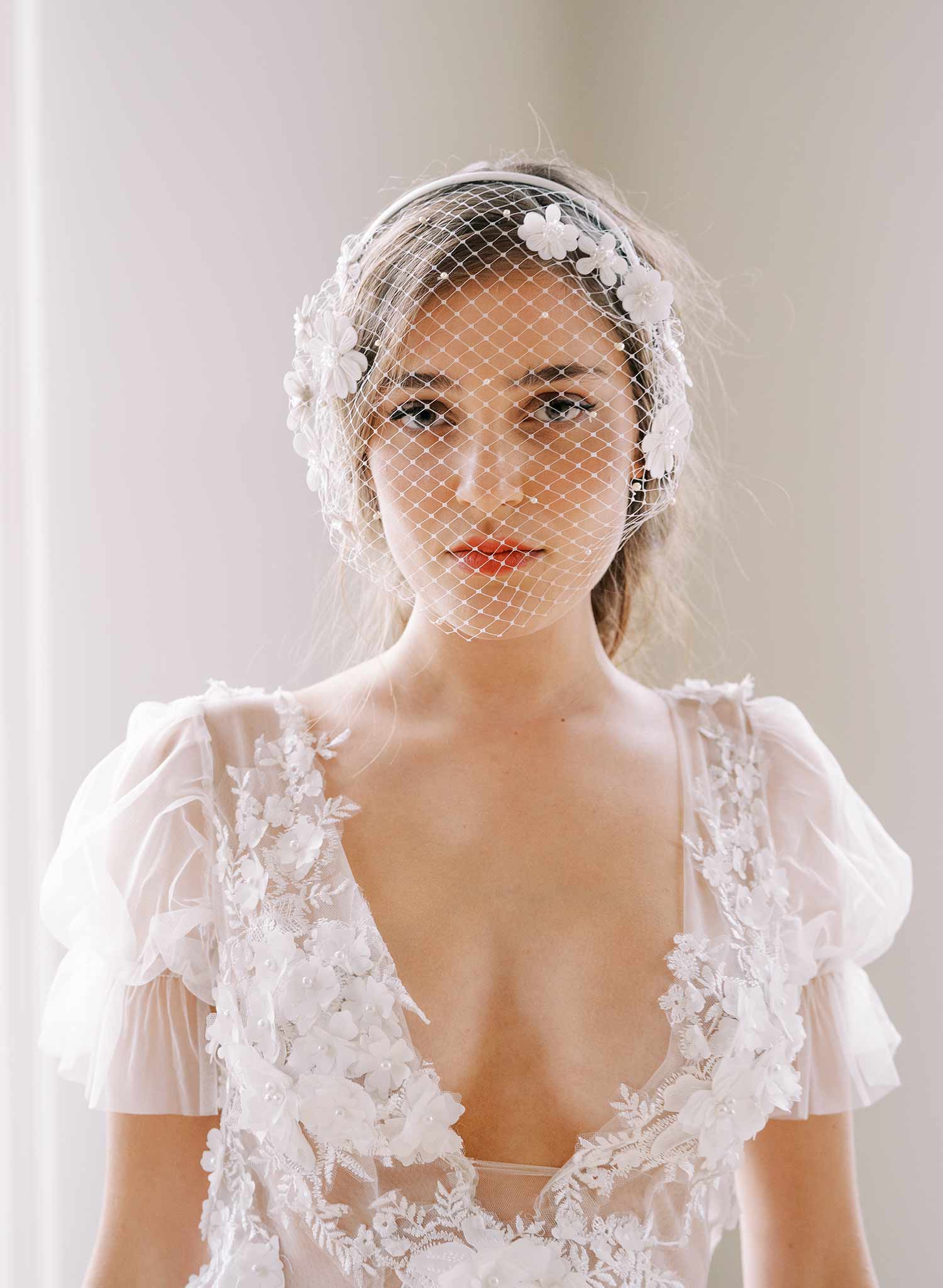 floral embroidered crystal pearl headband birdcage wedding veil, twigs and honey