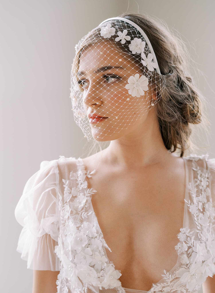 floral embroidered crystal pearl headband birdcage wedding veil, twigs and honey