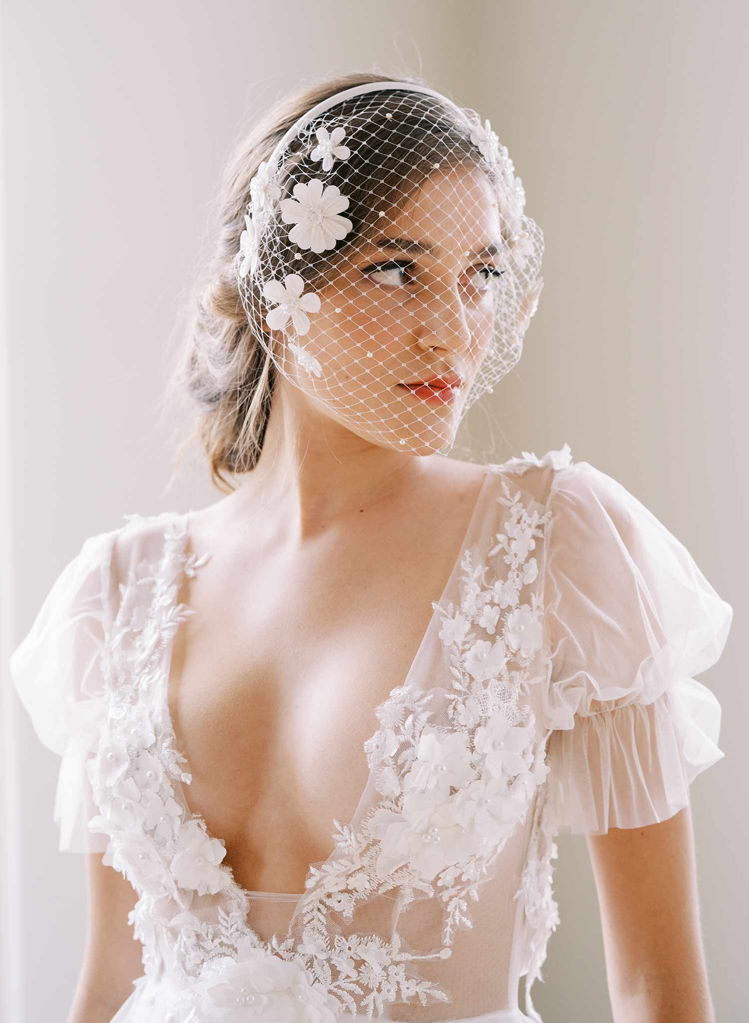 floral embroidered crystal pearl headband birdcage wedding veil, twigs and honey