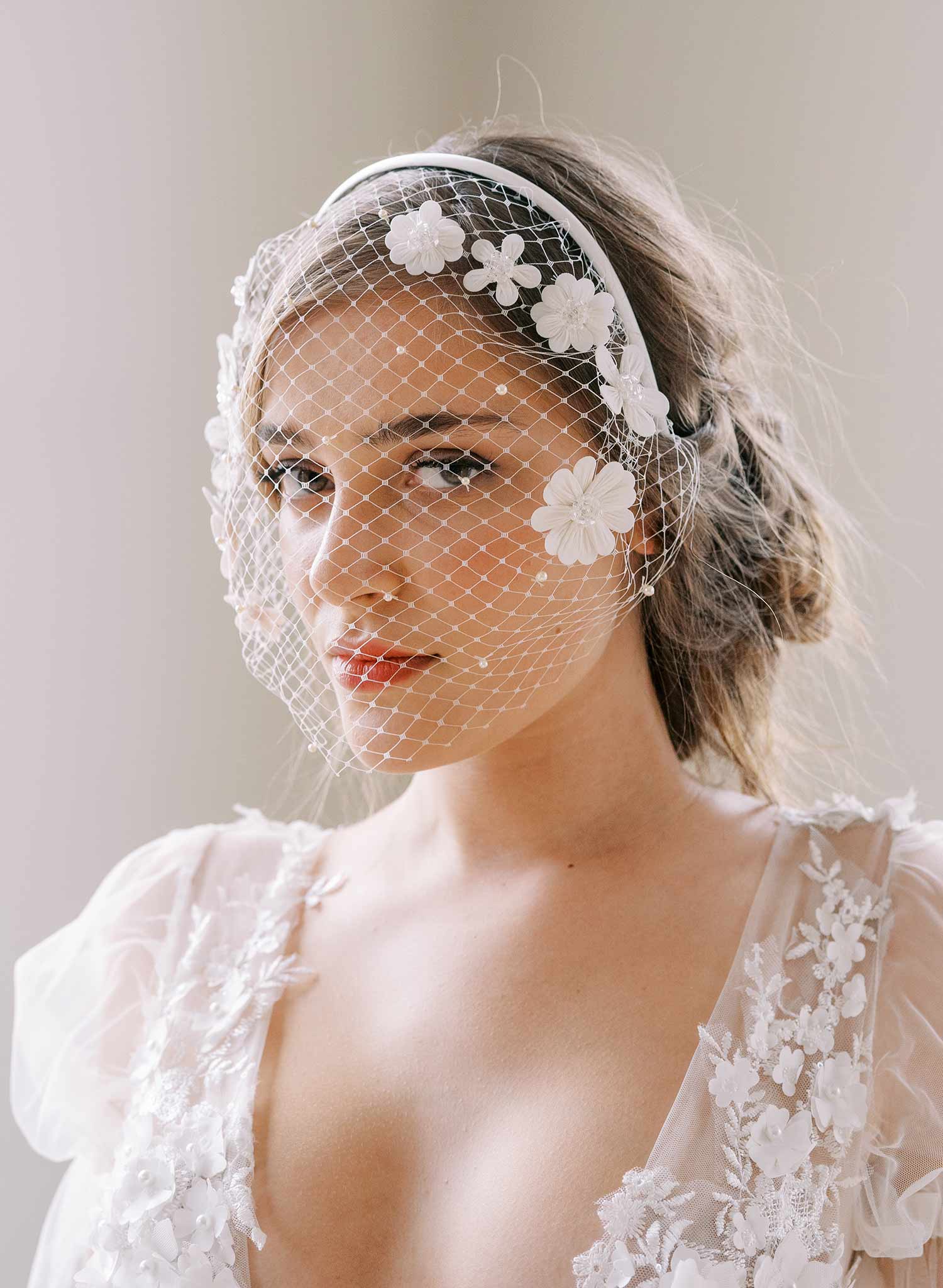 floral embroidered crystal pearl headband birdcage wedding veil, twigs and honey