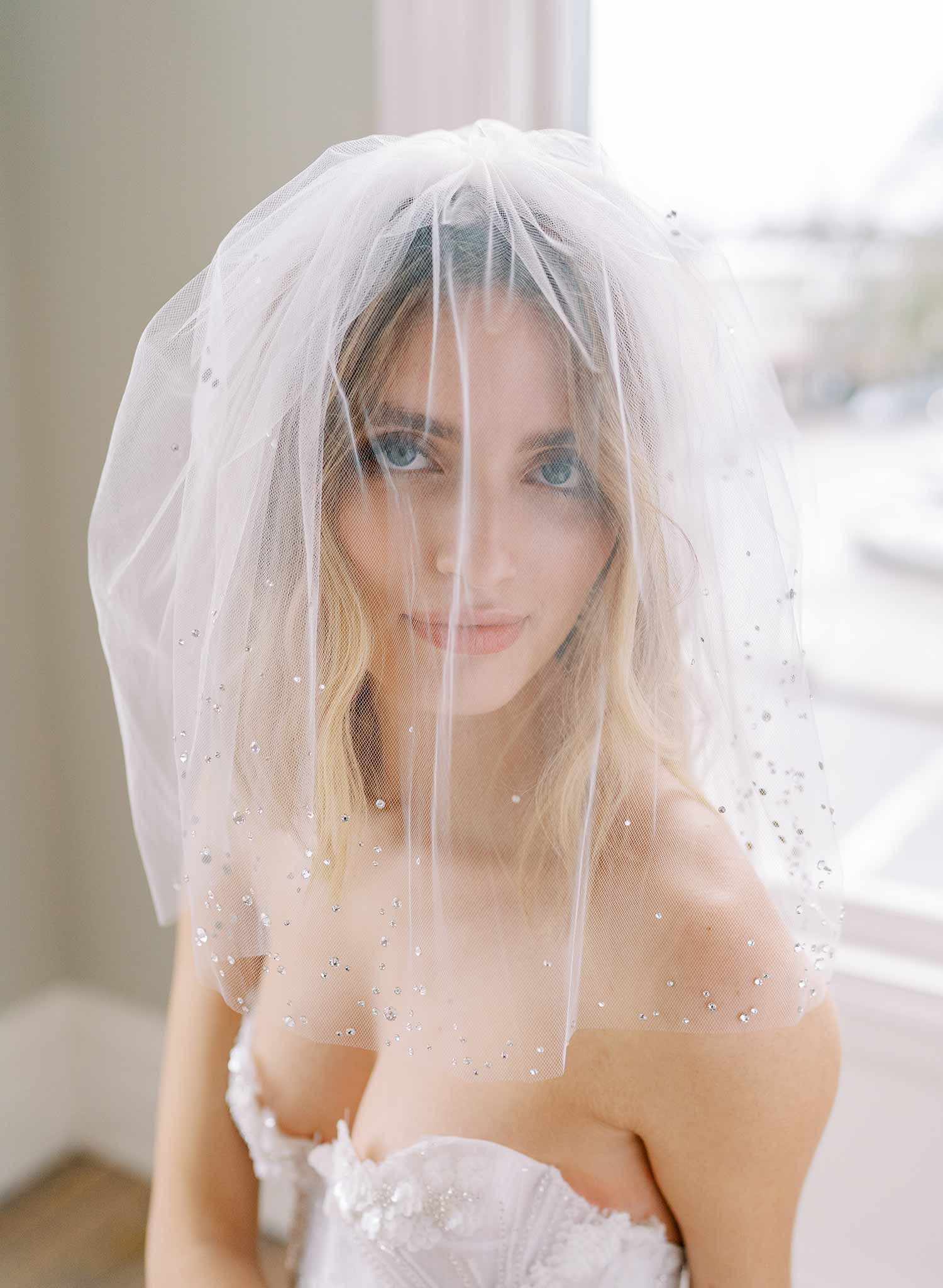 short crystal tulle blusher bridal veil, twigs & honey