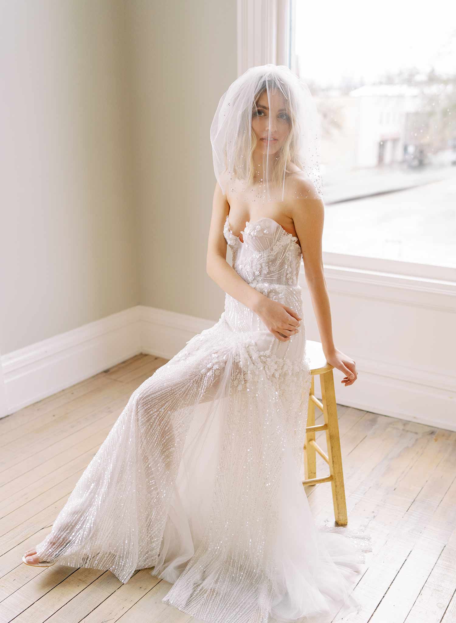 short crystal tulle blusher bridal veil, twigs & honey