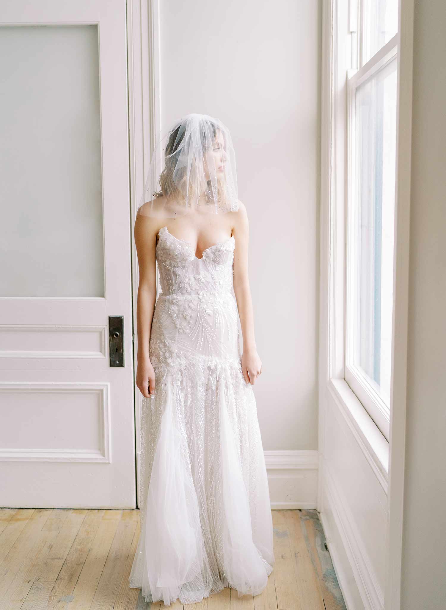 short crystal tulle blusher bridal veil, twigs & honey