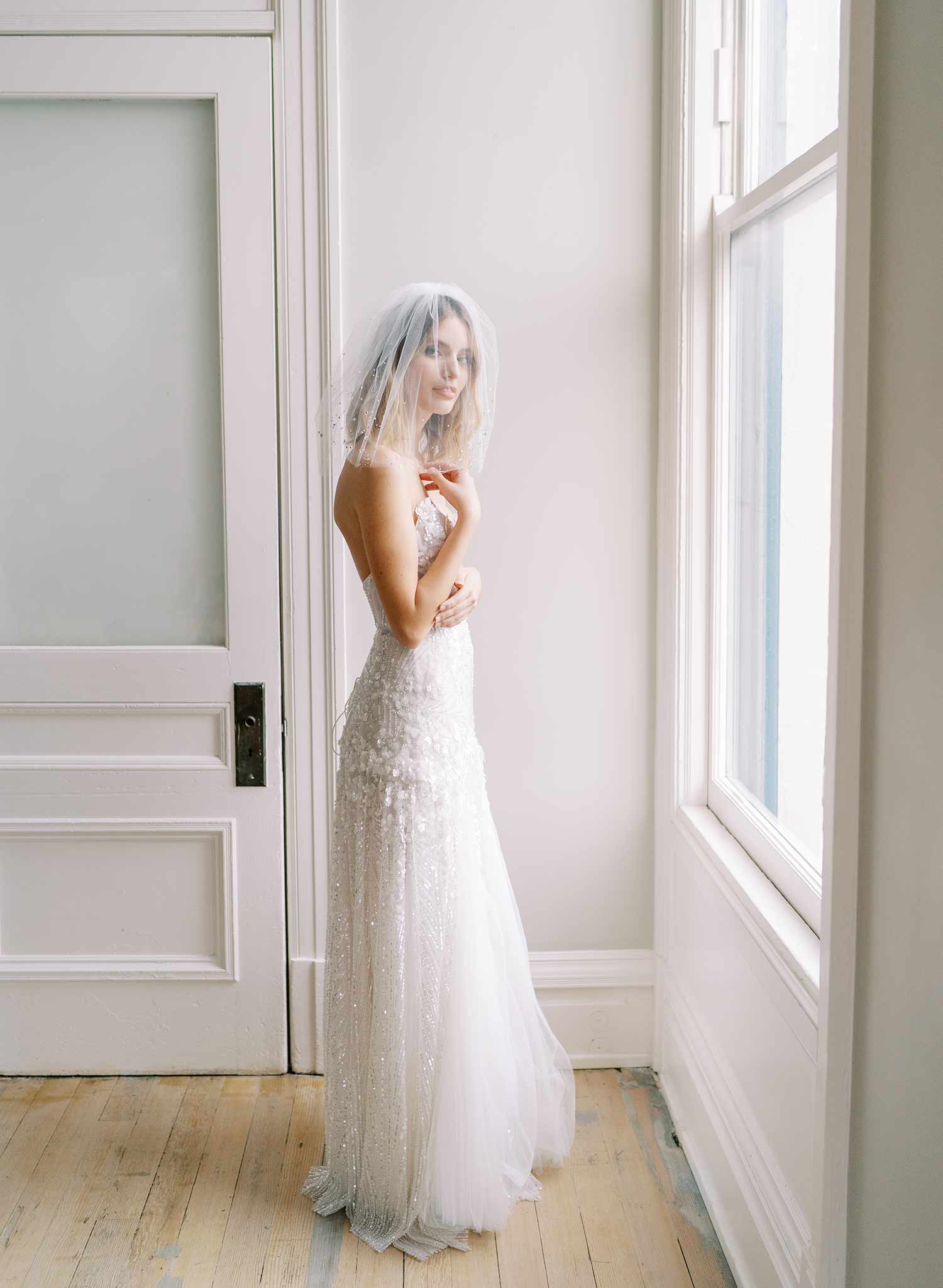 short crystal tulle blusher bridal veil, twigs & honey