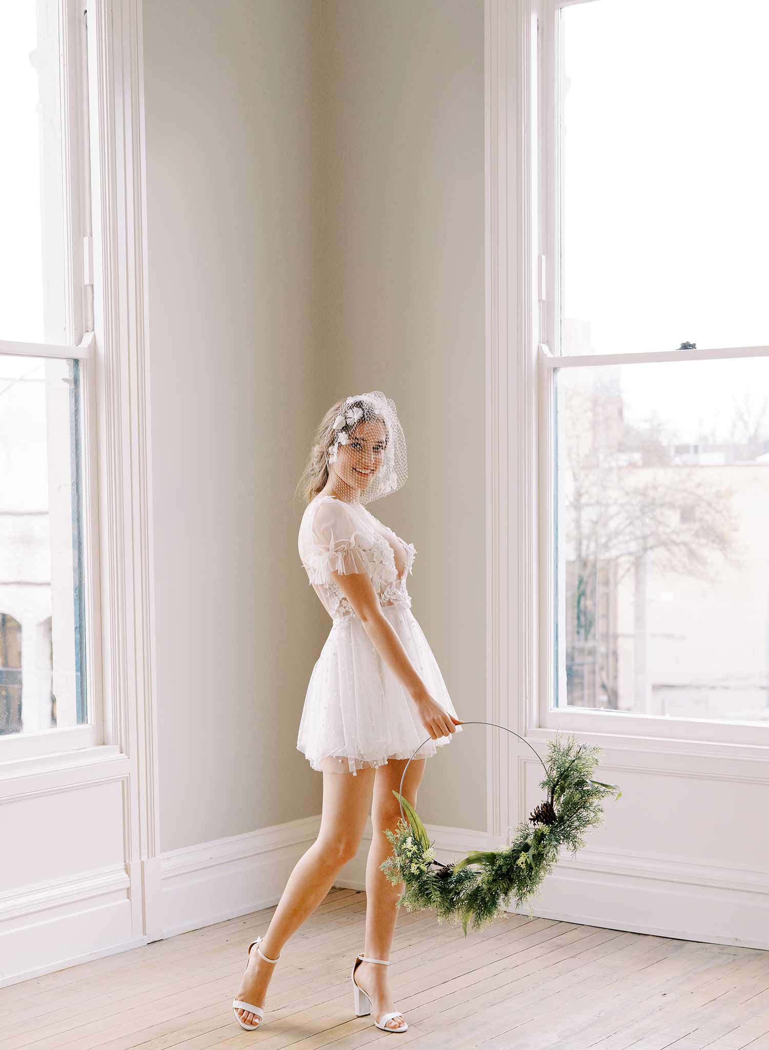 pearl and silk flower birdcage headband bridal veil, twigs and honey