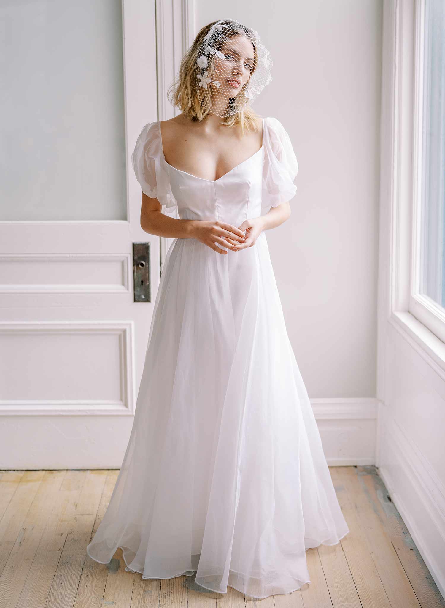 pearl and silk flower birdcage headband bridal veil, twigs and honey