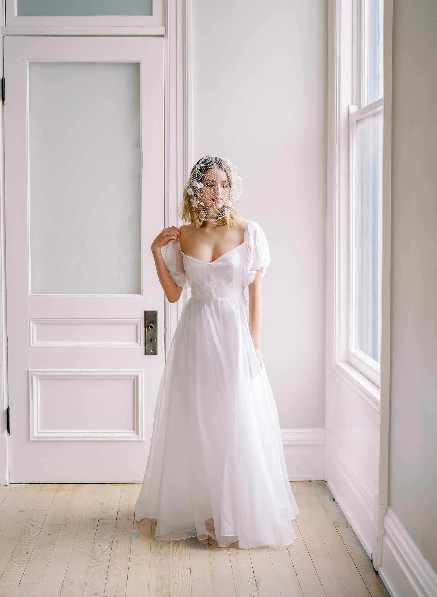 pearl and silk flower birdcage headband bridal veil, twigs and honey