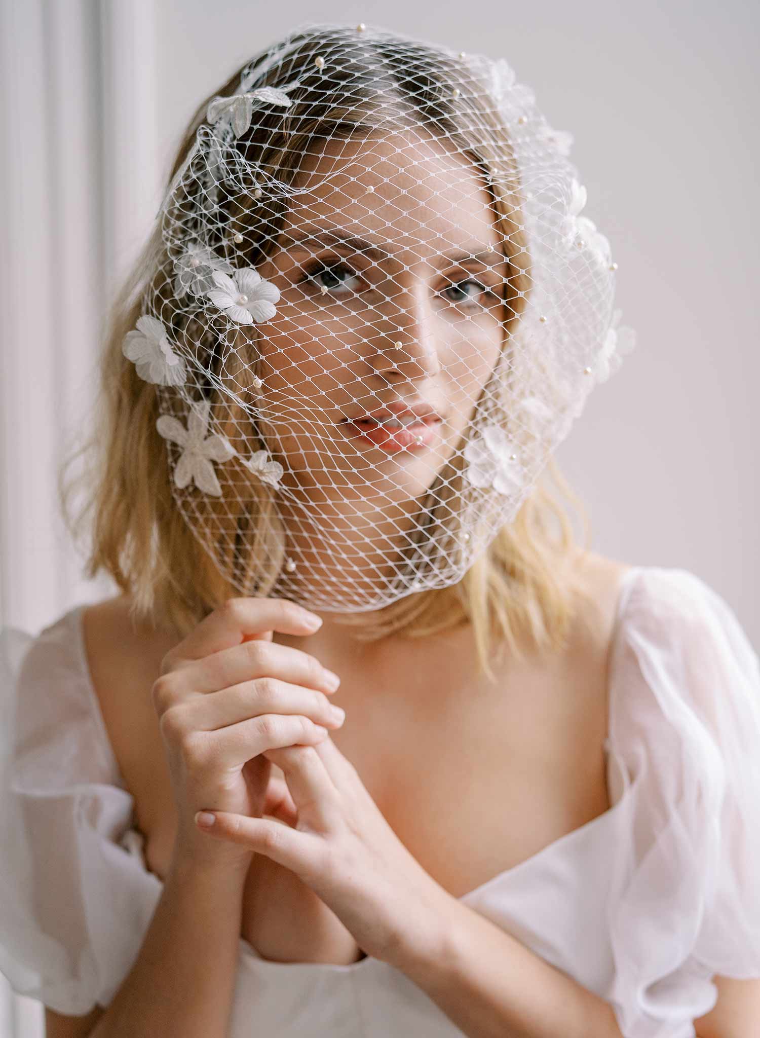 pearl and silk flower birdcage headband bridal veil, twigs and honey