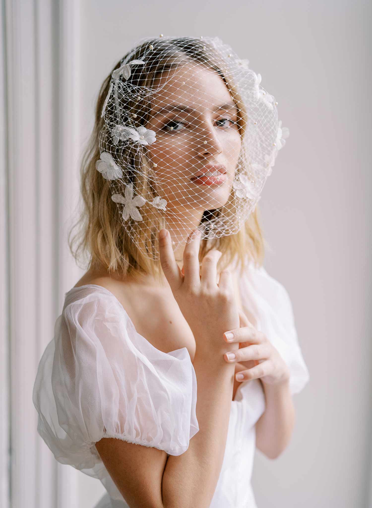 pearl and silk flower birdcage headband bridal veil, twigs and honey