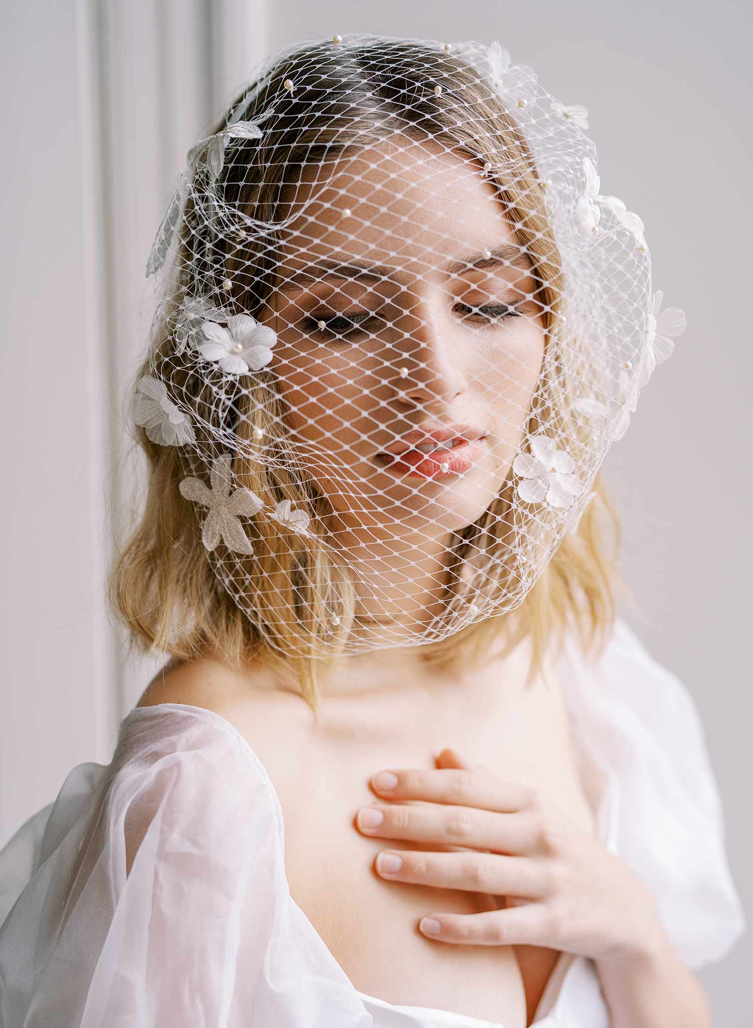 pearl and silk flower birdcage headband bridal veil, twigs and honey