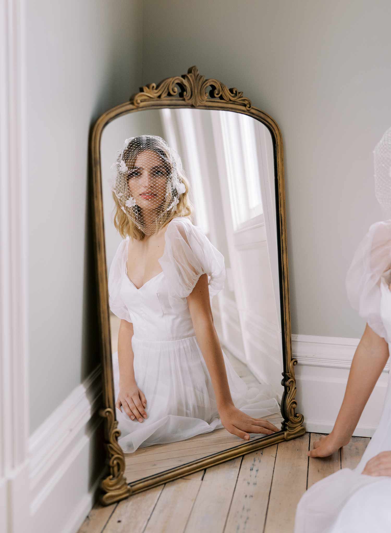 pearl and silk flower birdcage headband bridal veil, twigs and honey