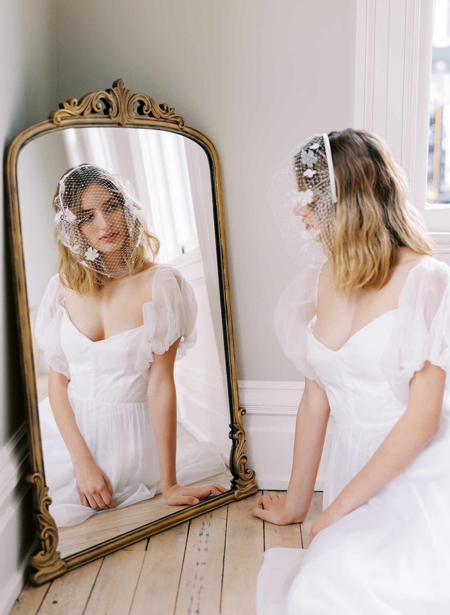 pearl and silk flower birdcage headband bridal veil, twigs and honey