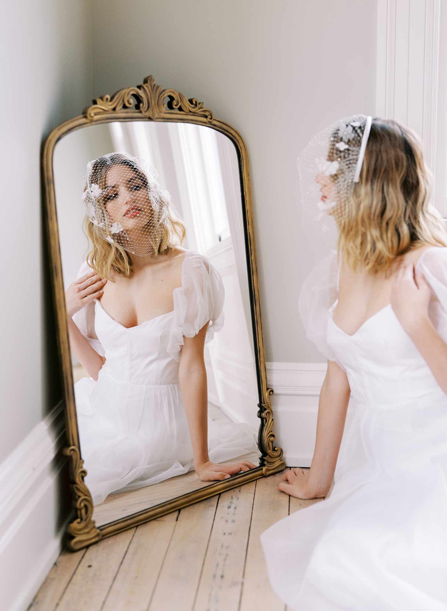 pearl and silk flower birdcage headband bridal veil, twigs and honey