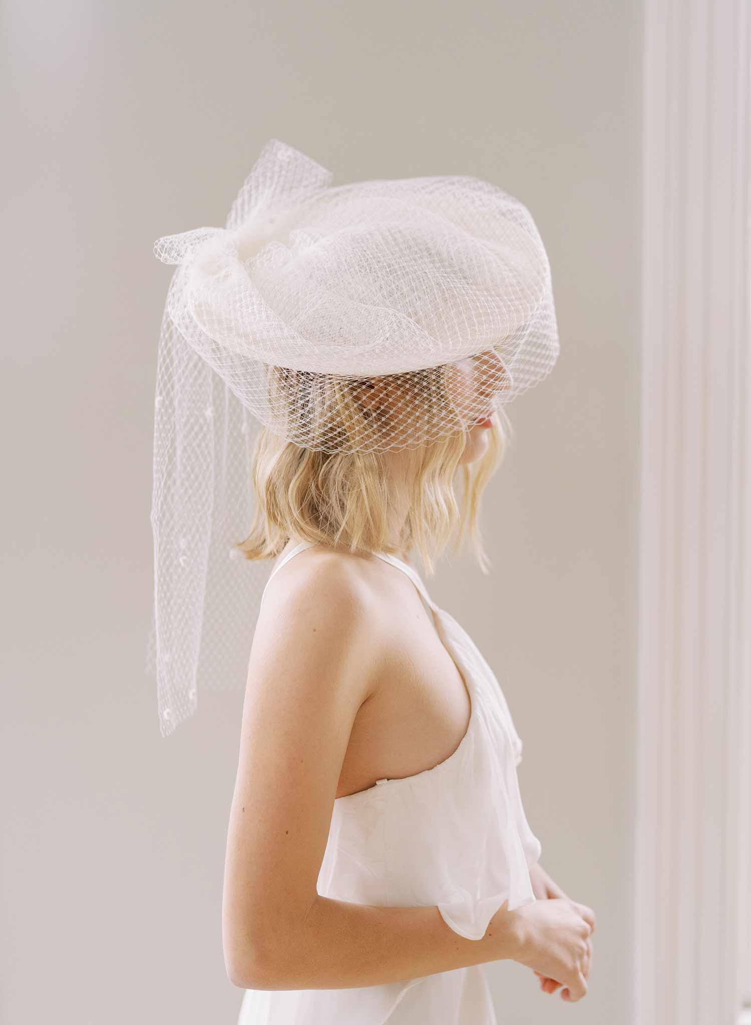 mini bridal birdcage round veil hat, twigs and honey