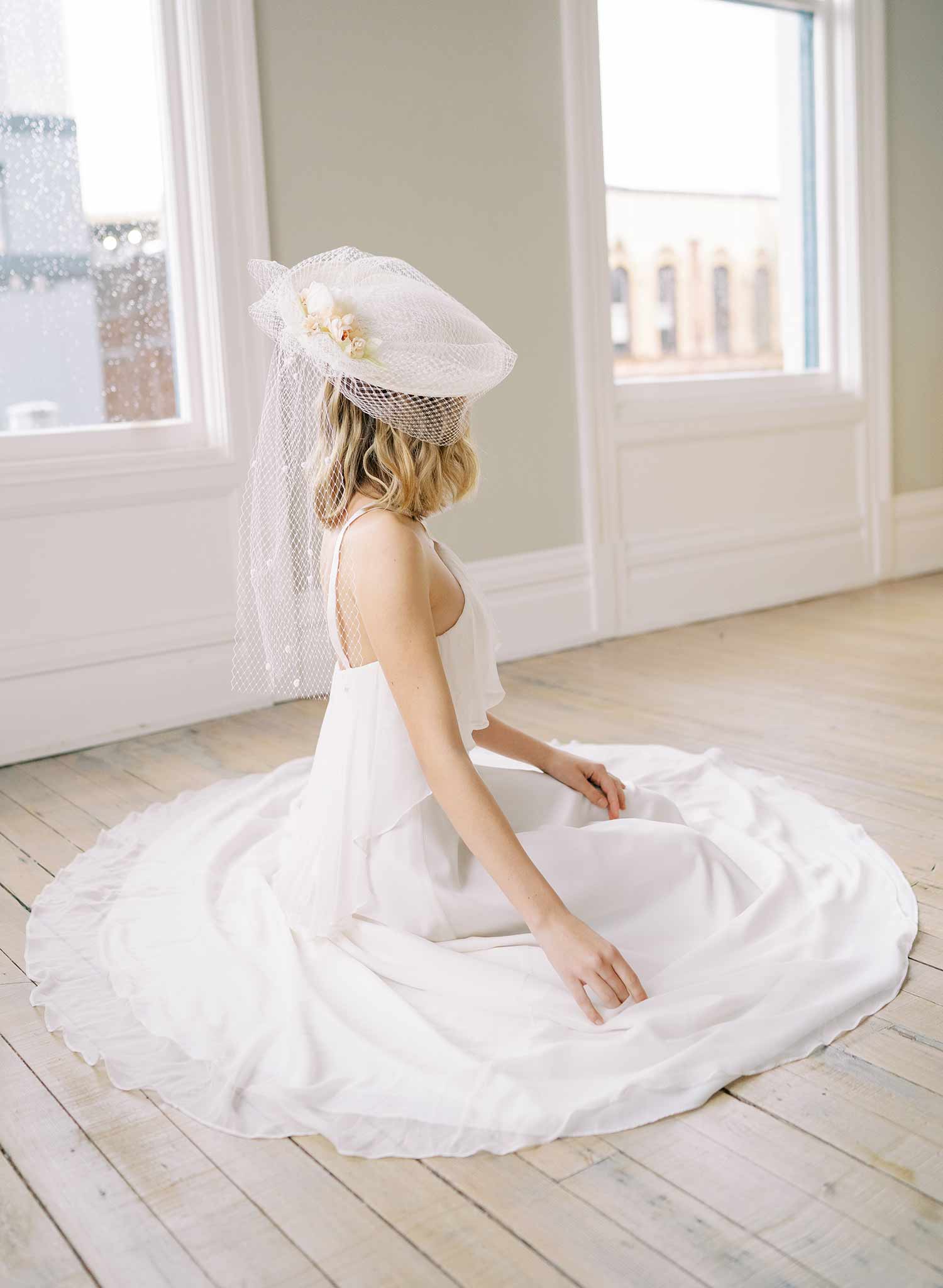 mini bridal birdcage round veil hat, twigs and honey
