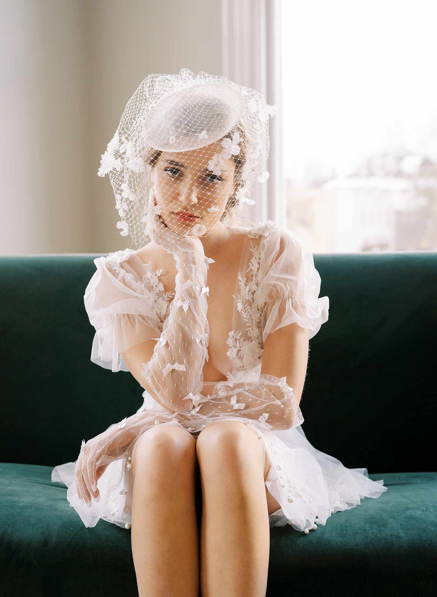 mini birdcage veil hat with pearls and silk flowers, twigs and honey