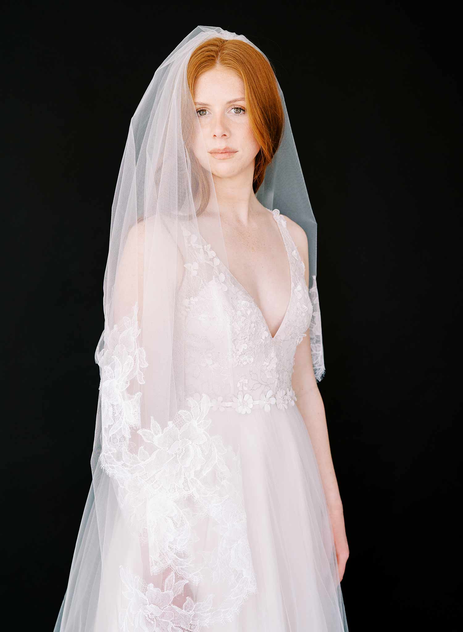 floral french lace trimmed long tulle veil with blusher, twigs and honey