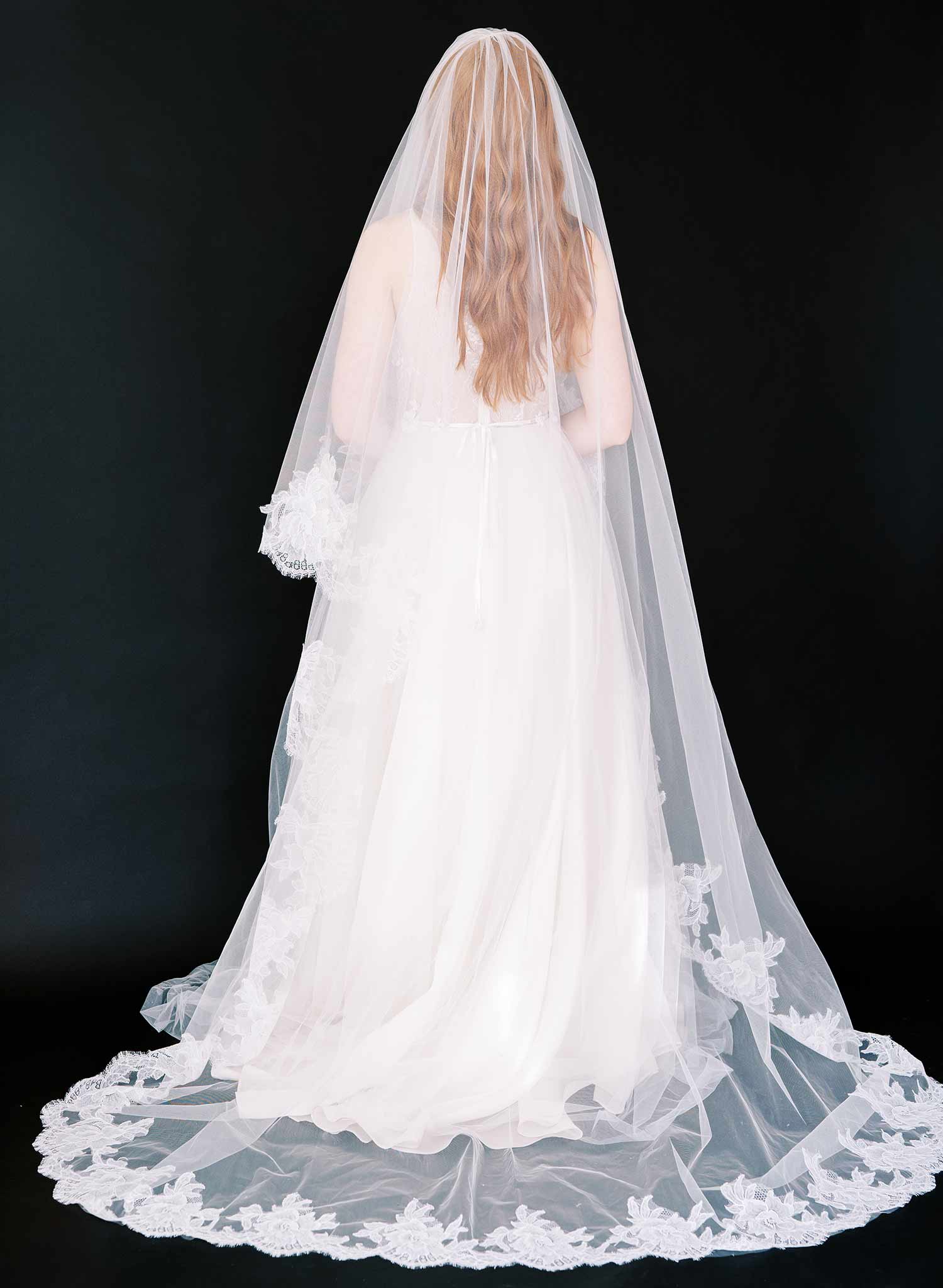 floral french lace trimmed long tulle veil with blusher, twigs and honey