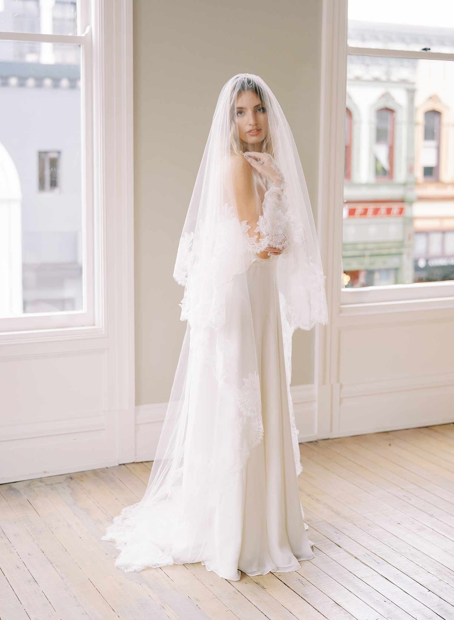 floral french lace trimmed long tulle veil with blusher, twigs and honey