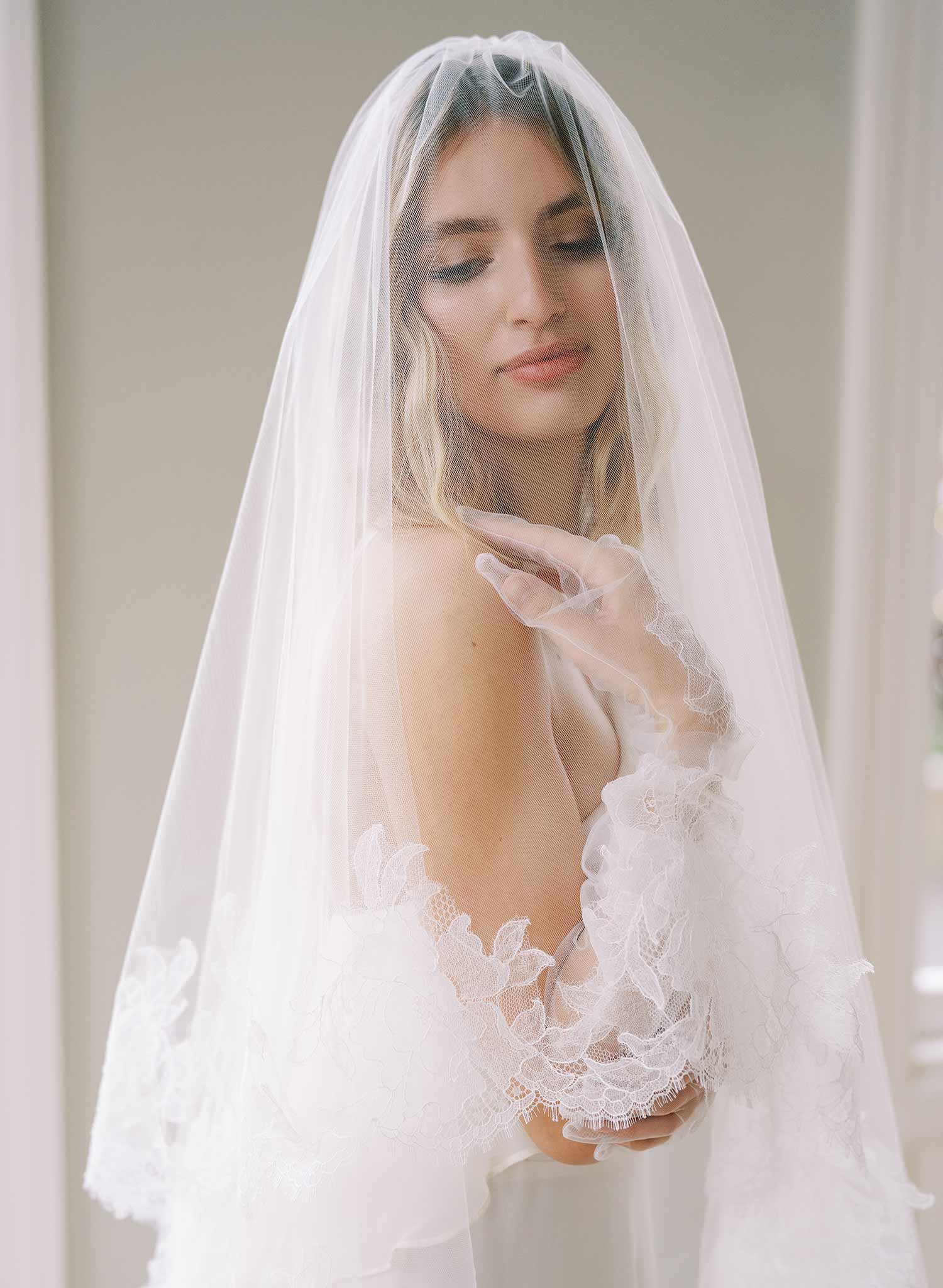 floral french lace trimmed long tulle veil with blusher, twigs and honey