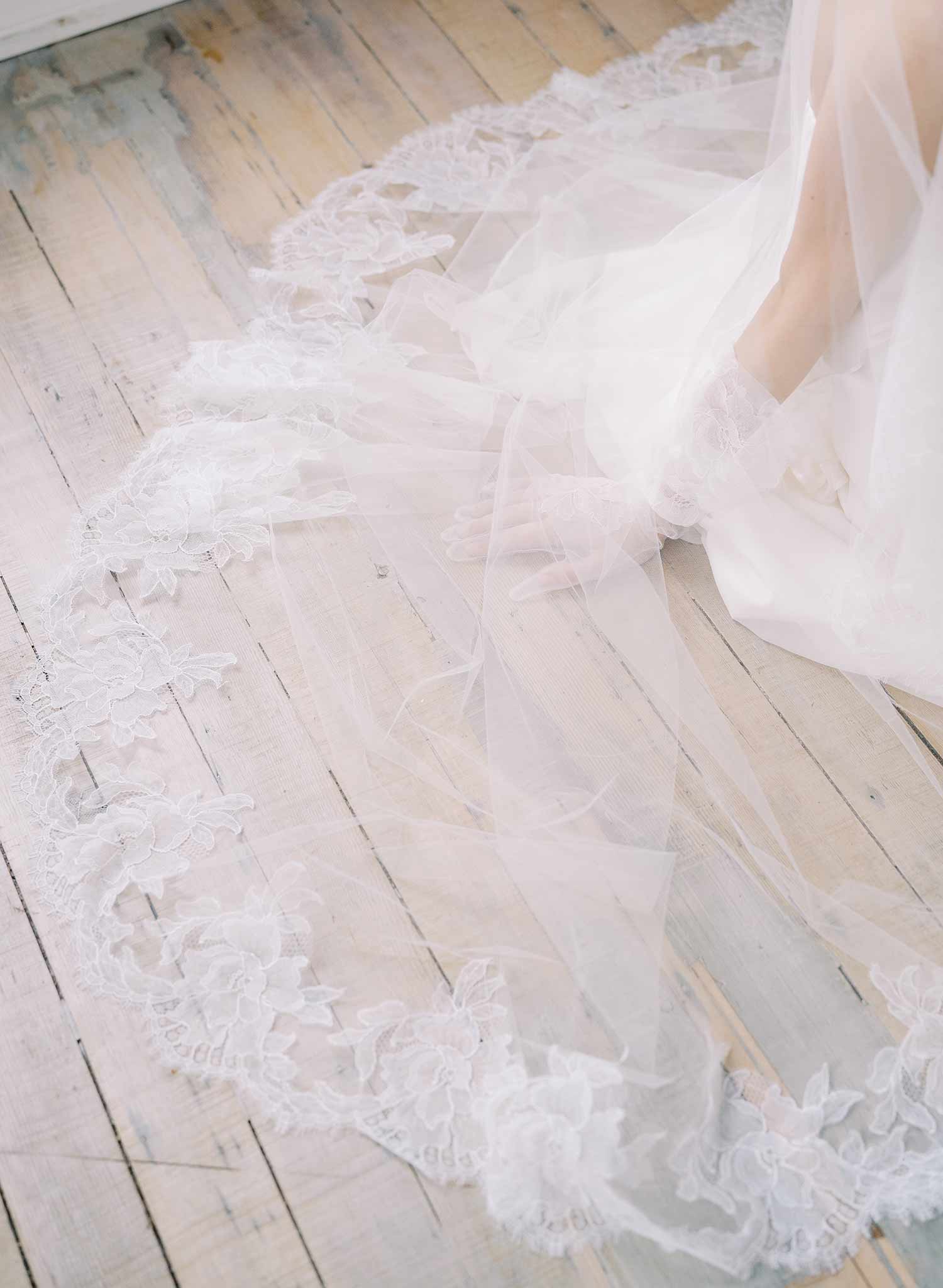 floral french lace trimmed long tulle veil with blusher, twigs and honey