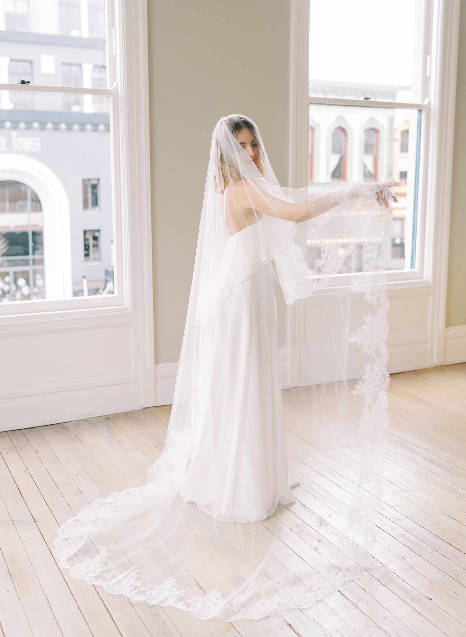 floral french lace trimmed long tulle veil with blusher, twigs and honey