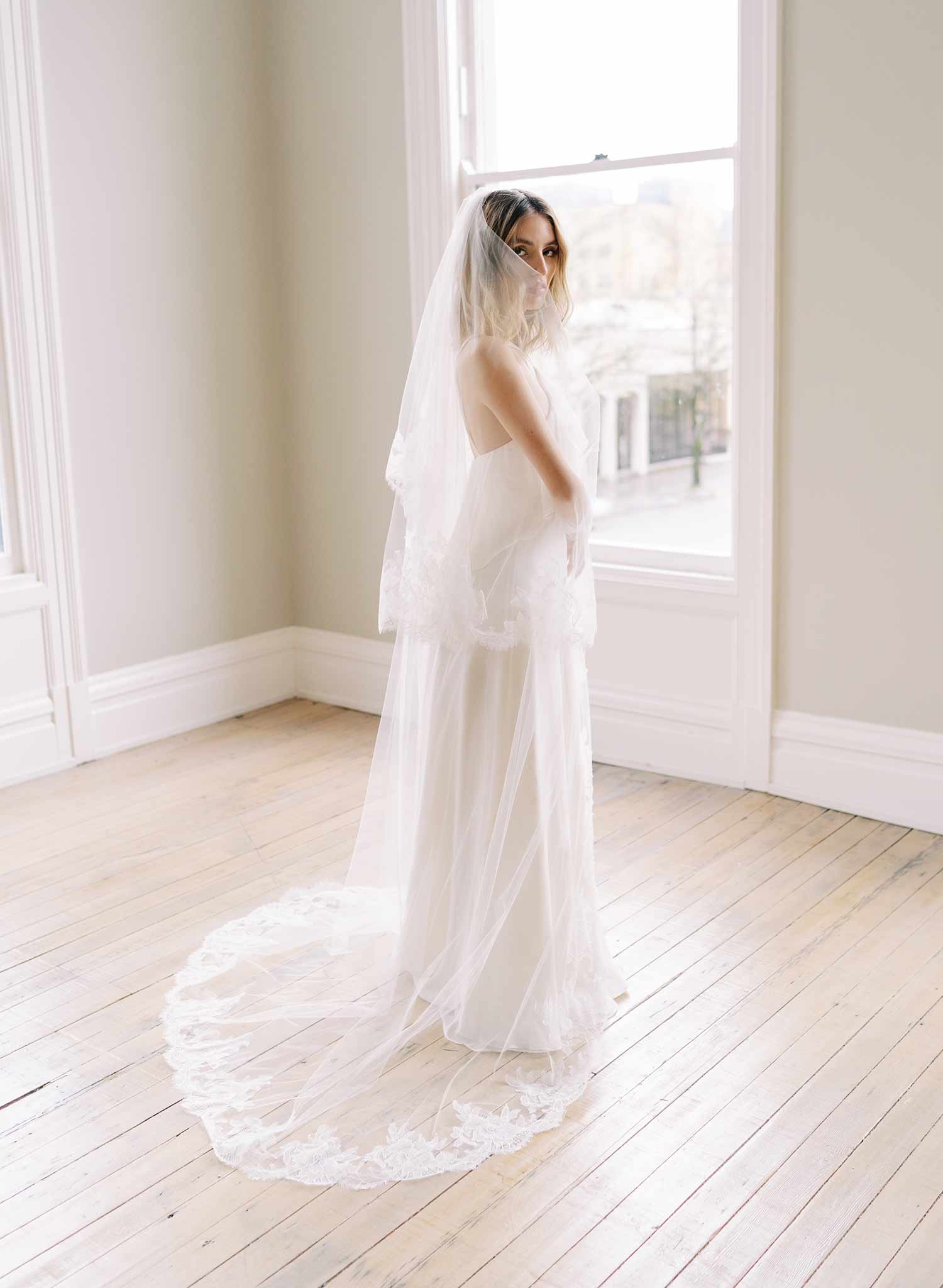 floral french lace trimmed long tulle veil with blusher, twigs and honey
