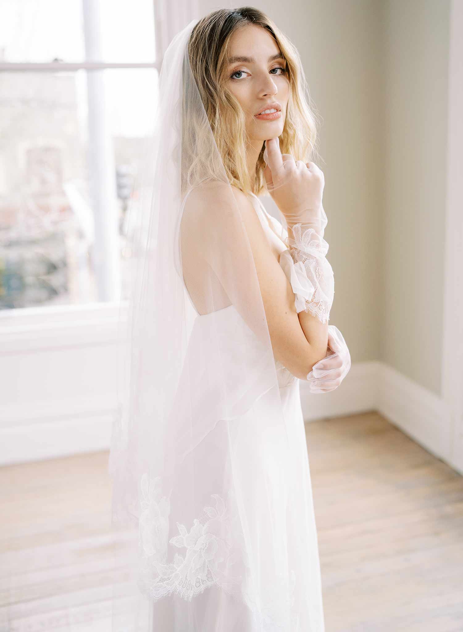 floral french lace trimmed long tulle veil with blusher, twigs and honey