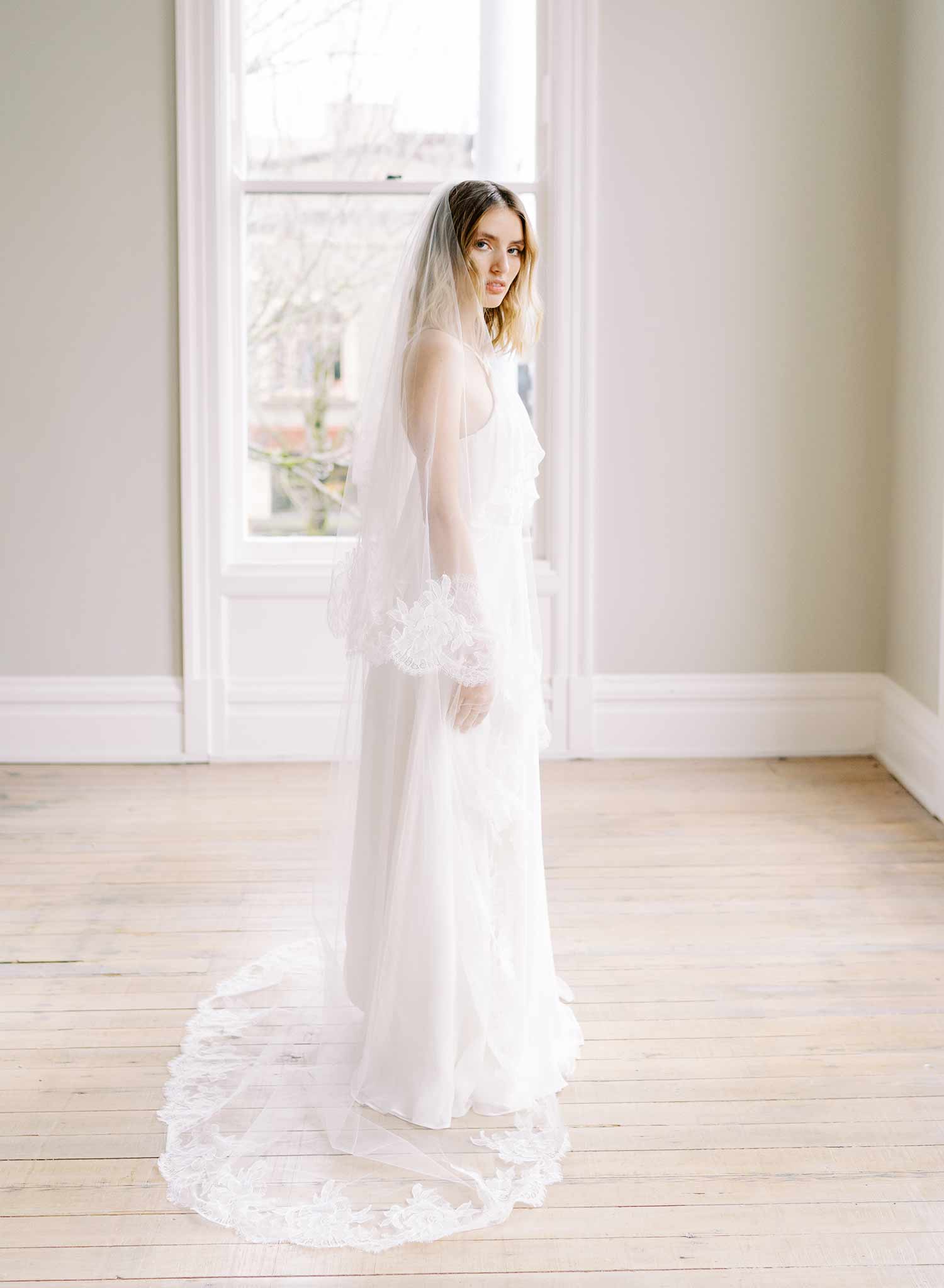 floral french lace trimmed long tulle veil with blusher, twigs and honey