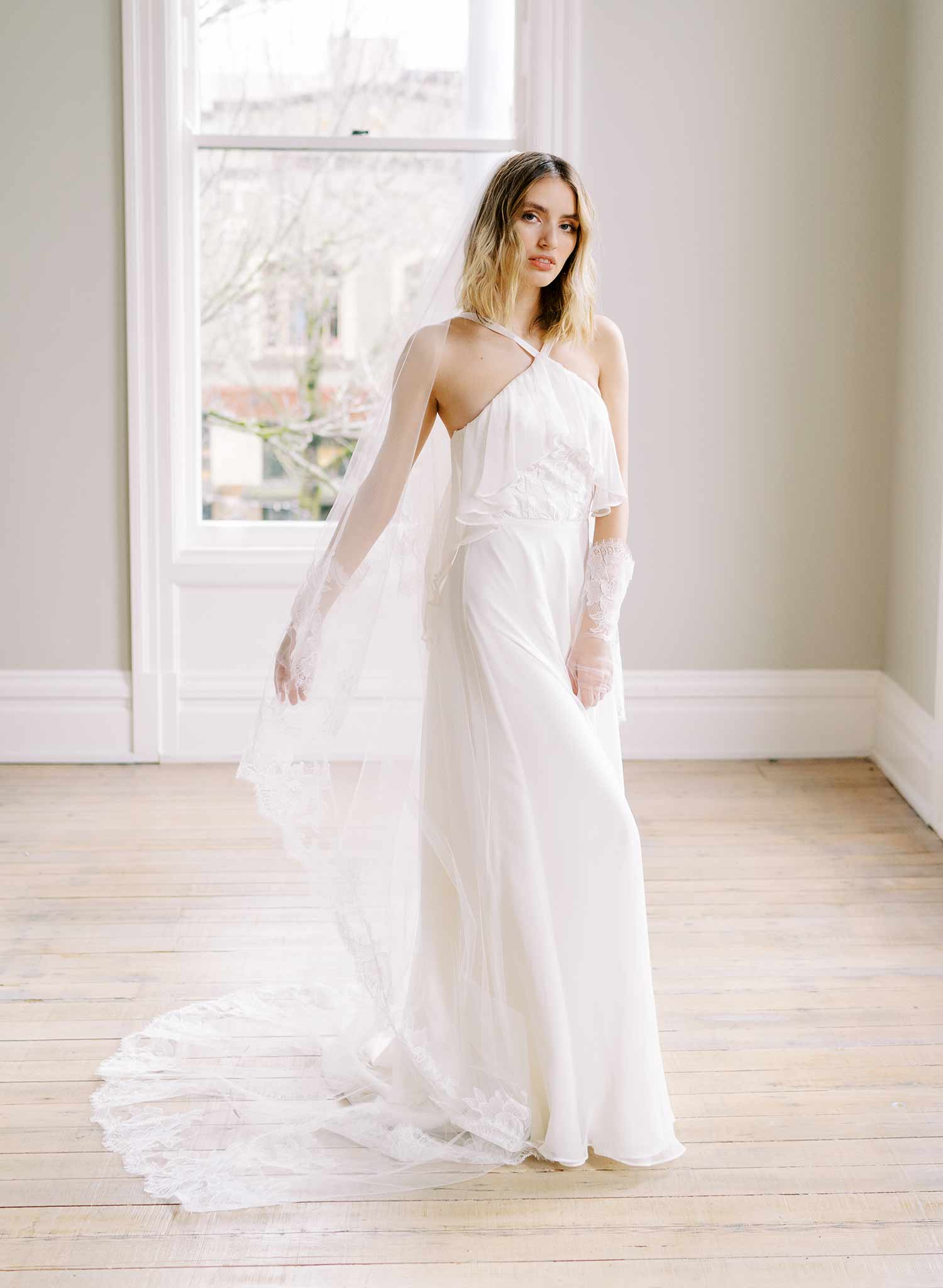 floral french lace trimmed long tulle veil with blusher, twigs and honey