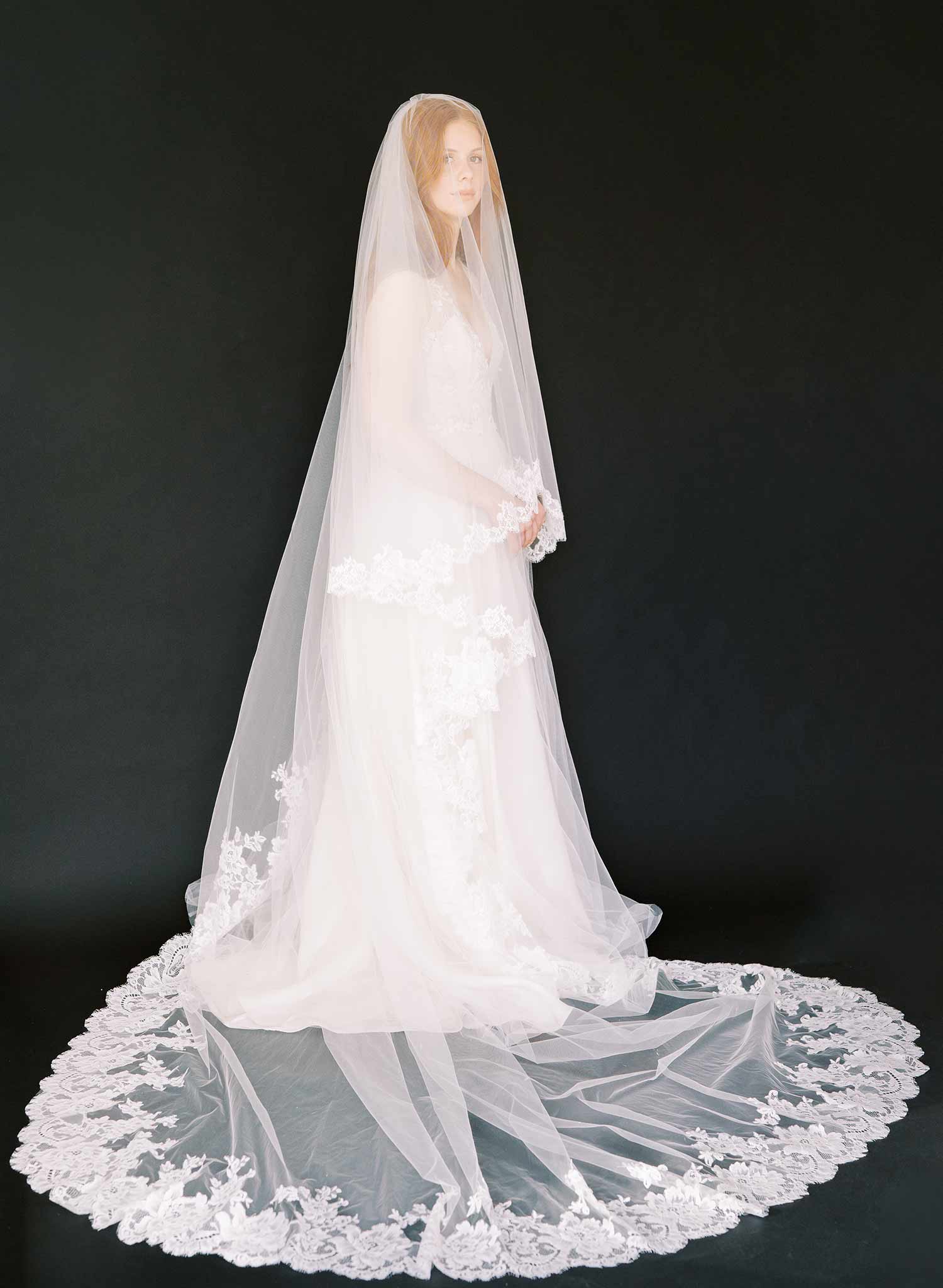 long french lace tulle bridal veil with blusher, twigs and honey