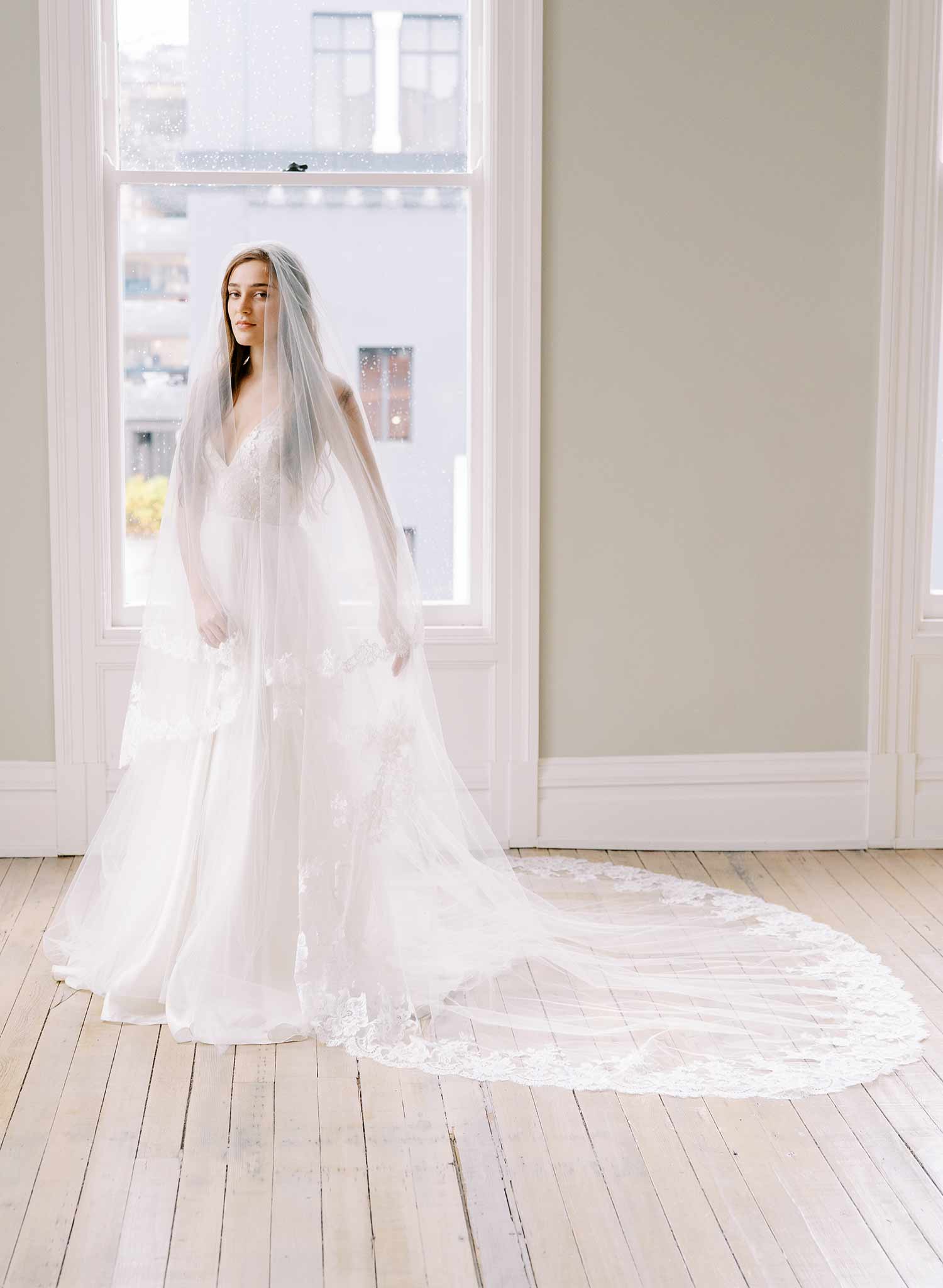 long french lace tulle bridal veil with blusher, twigs and honey
