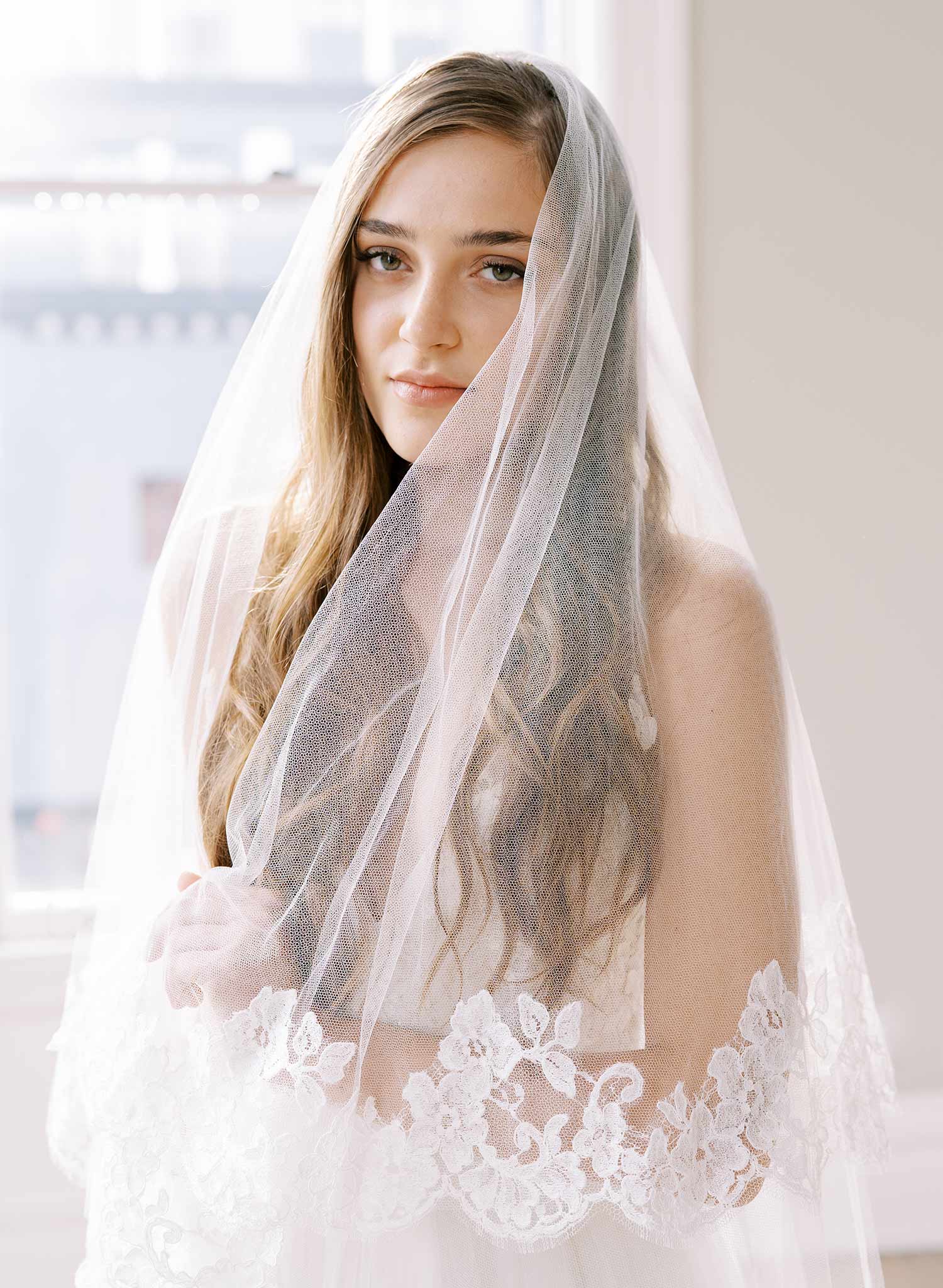 Floral romance French lace veil on silk tulle - Style #2460