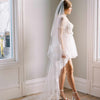 french lace trimmed long tulle veil wedding veil with blusher, twigs and honey