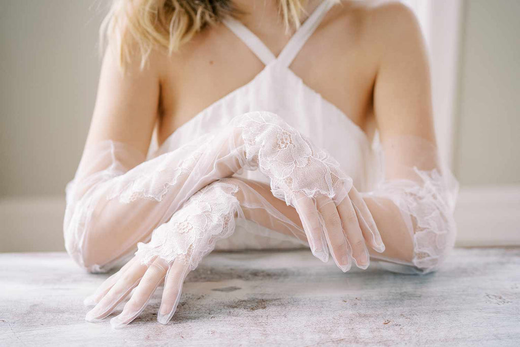 long floral lace tulle bridal gloves, twigs & honey