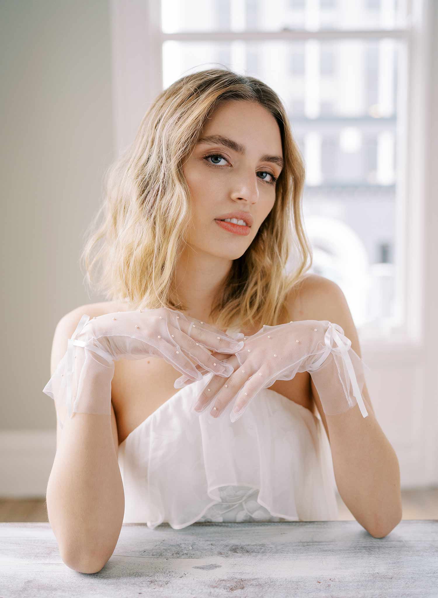 short bow pearl tulle wedding gloves, twigs and honey