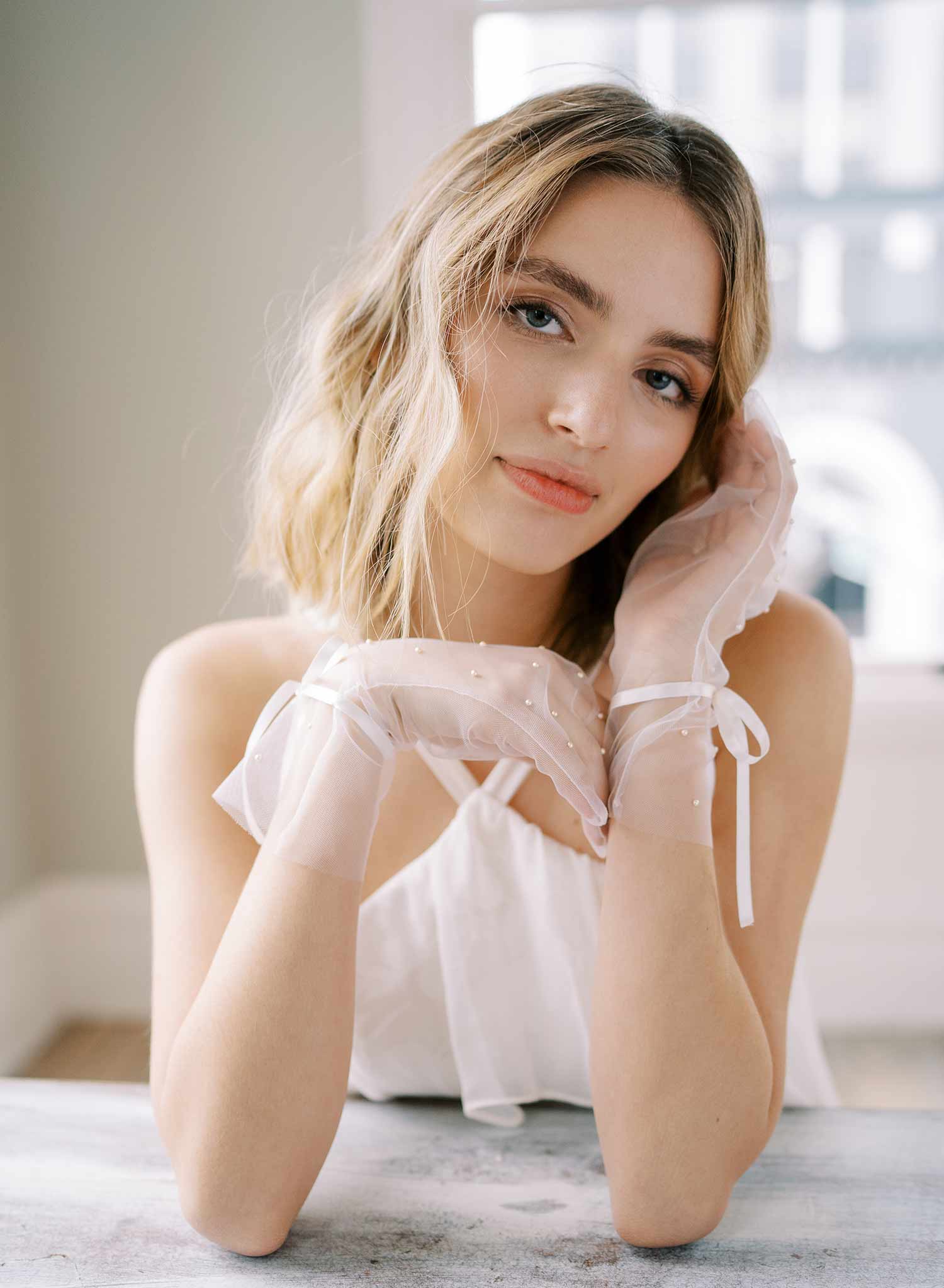 short bow pearl tulle wedding gloves, twigs and honey