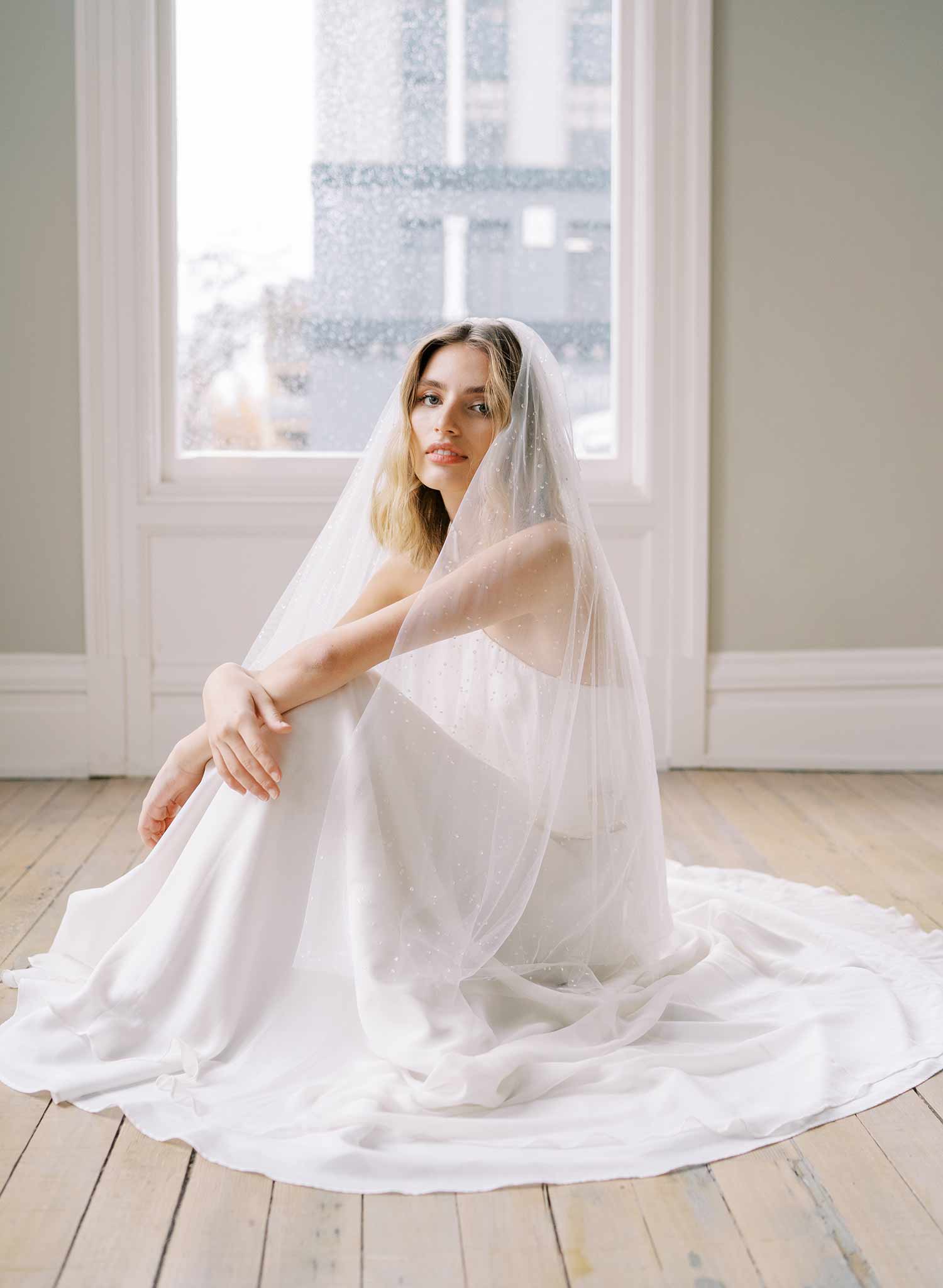 clear droplet white tulle bridal veil with blusher, twigs & honey