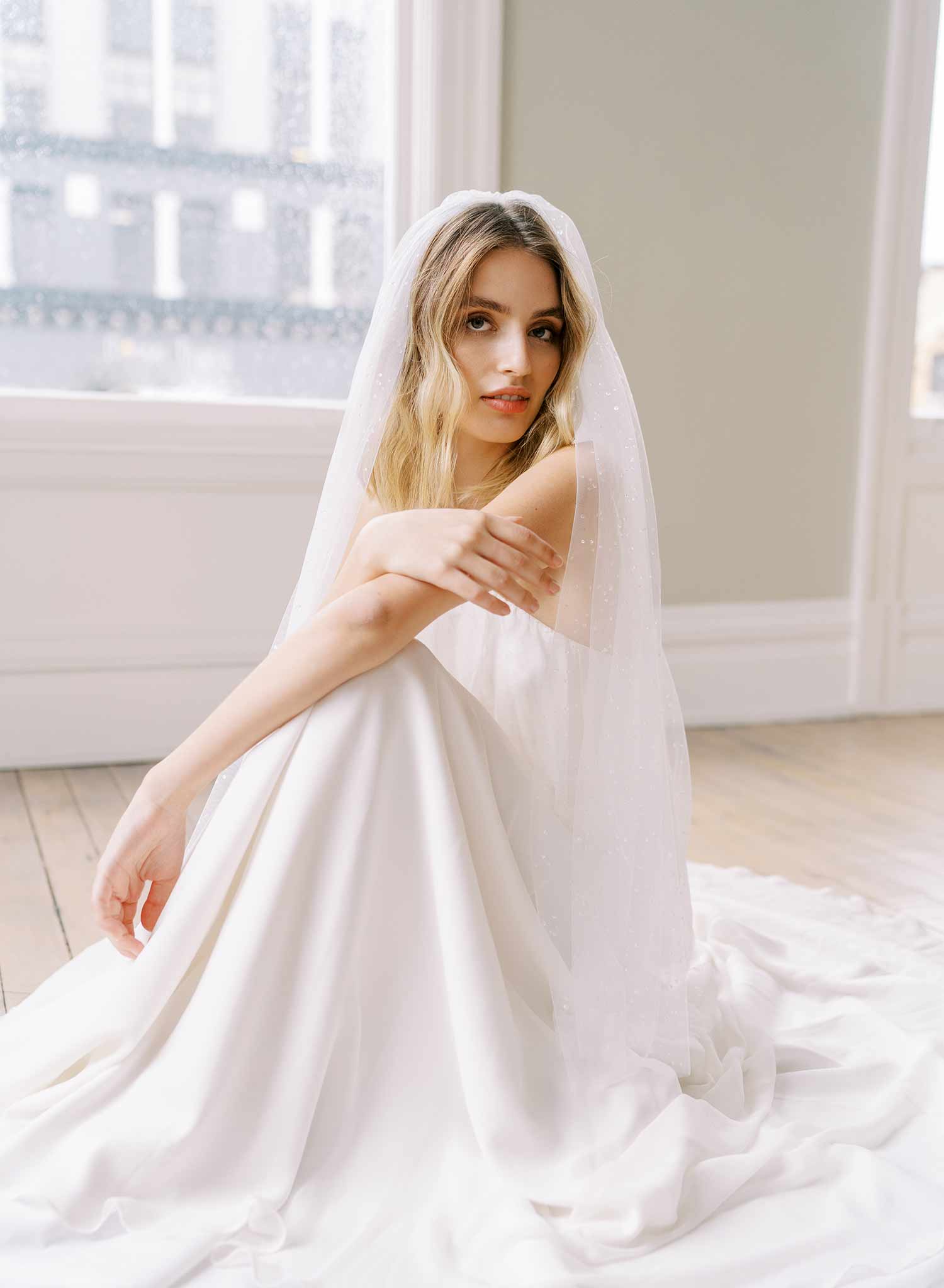 clear droplet white tulle bridal veil with blusher, twigs & honey