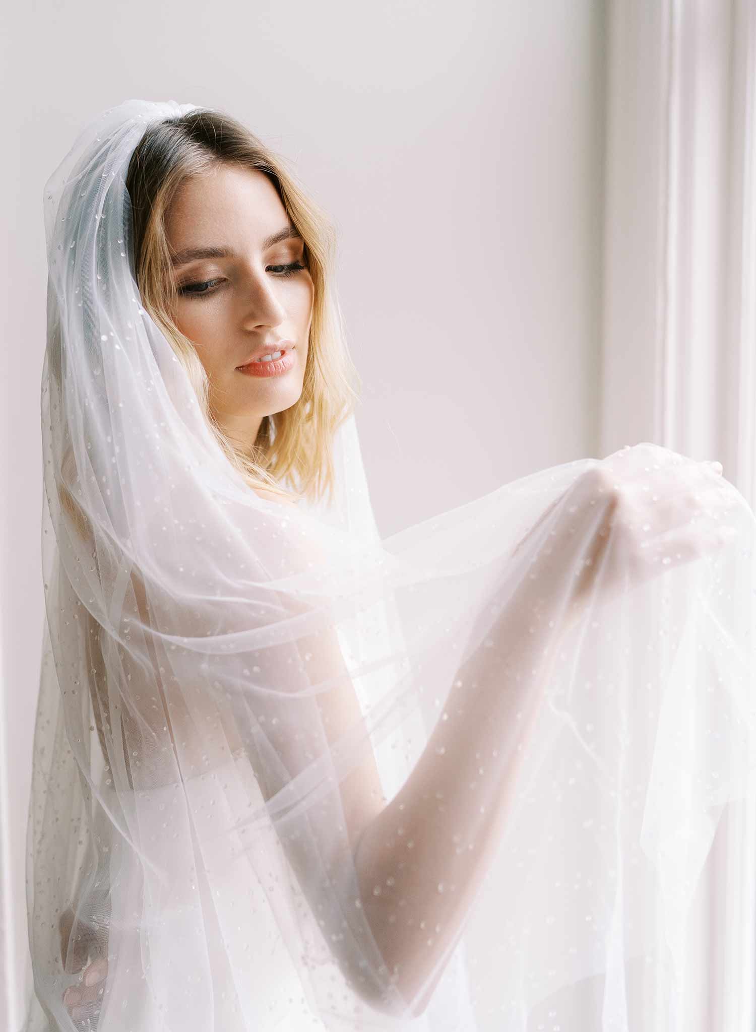 clear droplet white tulle bridal veil with blusher, twigs & honey