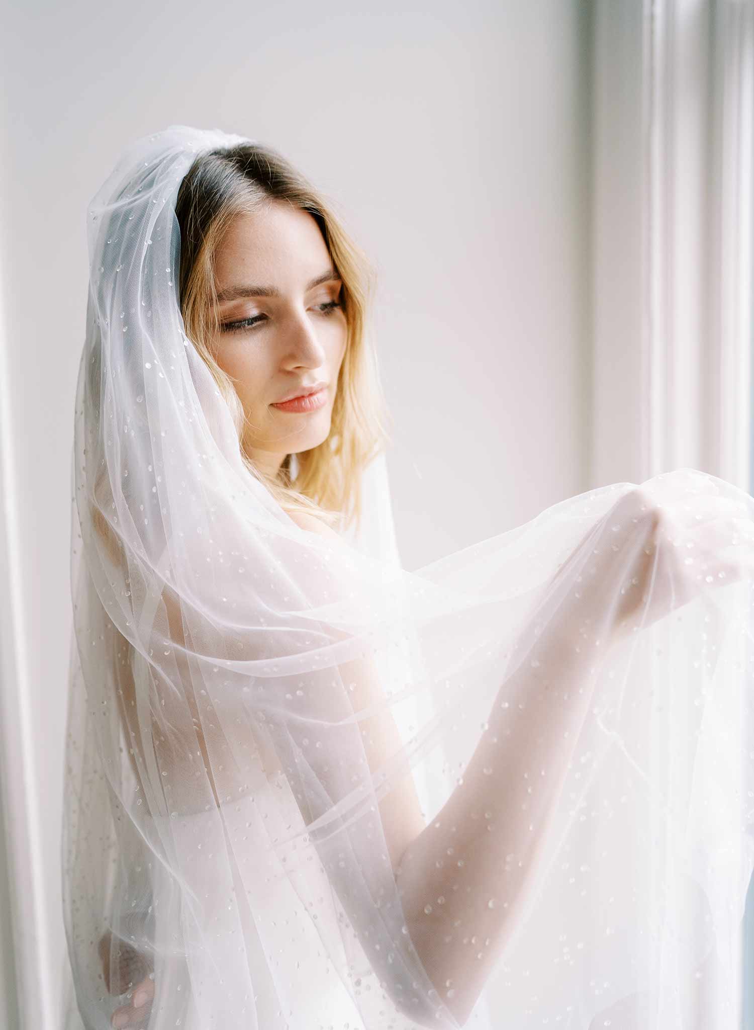 clear droplet white tulle bridal veil with blusher, twigs & honey