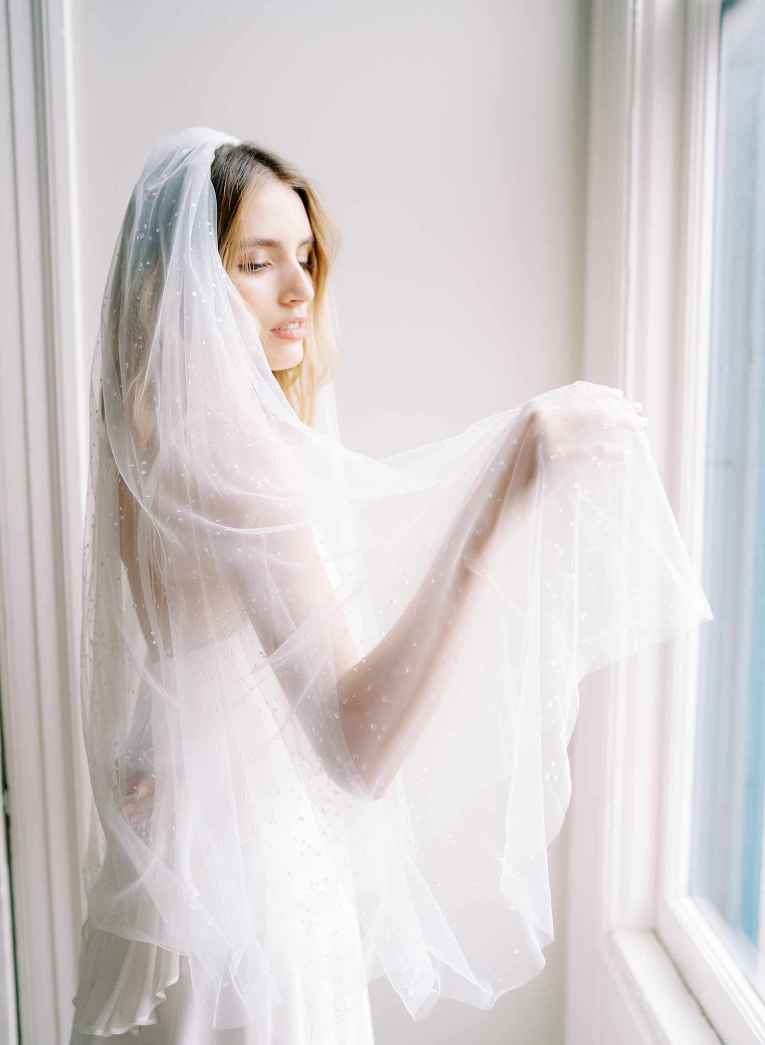 clear droplet white tulle bridal veil with blusher, twigs & honey