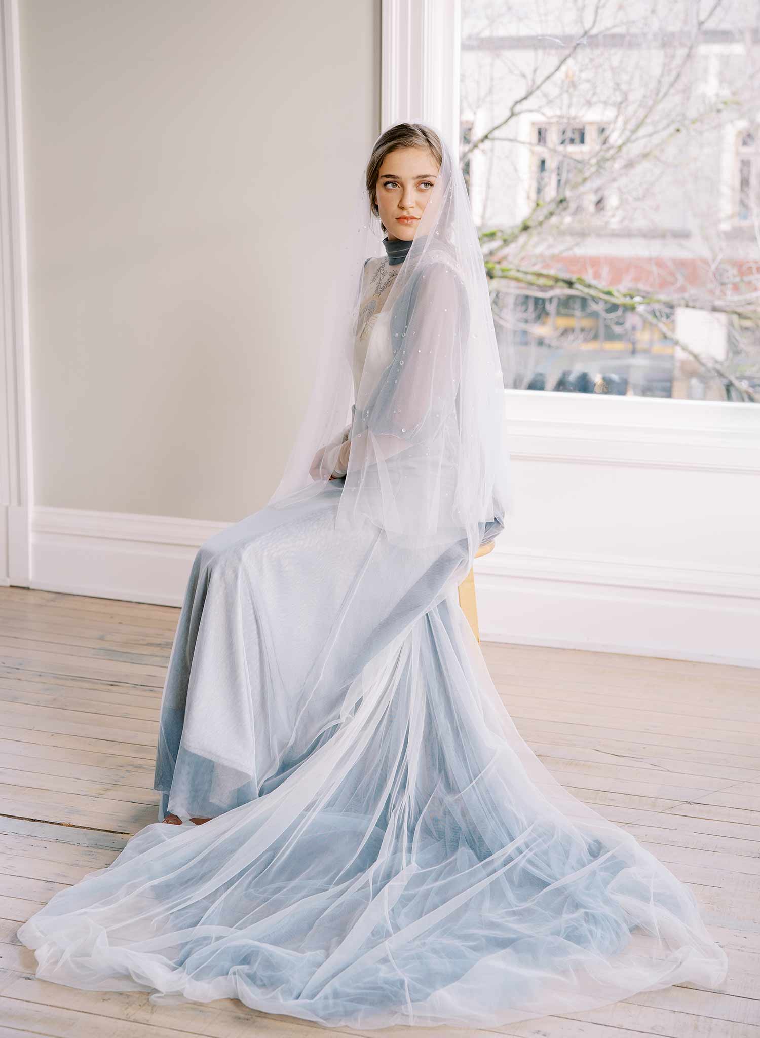 clear crystal raindrop tulle bridal veil with blusher, twigs and honey